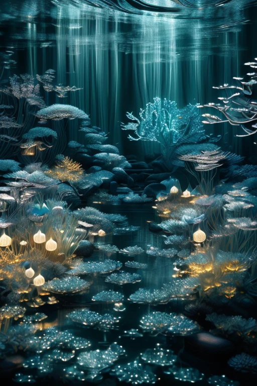 Capture the ethereal dance of light and shadow in a stunning monochromatic photograph with selective color details, revealing the hidden poetry of Bioluminescence, underwater, (realistic, photorealistic, RAWphoto:1.4), fantasy, Magic Realism Style, whimsical, octane render, enhance, intricate, (best quality, masterpiece, Representative work, official art, Professional, unity 8k wallpaper:1.3)