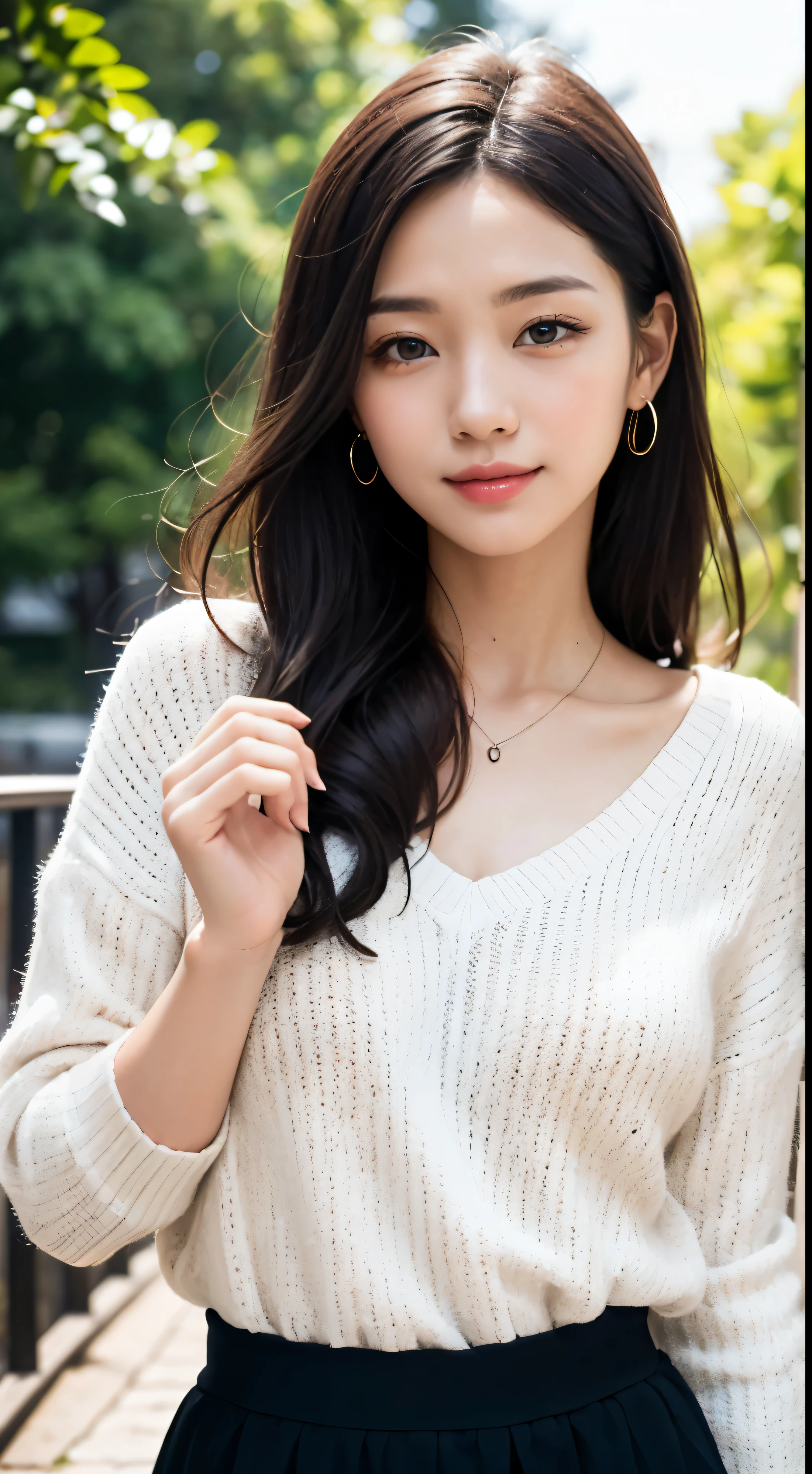 ​masterpiece、The highest image quality、hightquality、Beautuful Women、japanes、Popular Korean Makeup、detaileds、detailedsな目、detailedsな皮膚、Beautiful skins、超hight resolution、(现实:1.4)、very extremely beautiful、Slightly younger face、Beautiful skins、thin-waist、(A hyper-realistic)、(illustratio)、(hight resolution)、(8K)、(非常にdetaileds)(The best illustrationeautifully detailed eyes)、(超detaileds)、(wall-)、(detaileds顔)、ビューアのdetailedsを見る、 detailedsな顔、pureerosfaceace_v1、A smile、Looking straight ahead、photos realistic、Colorful hair color、(((very_Distinctive features_hair)))、((Background with:Natural greenery)),White sweater、A slight smil、Long hair