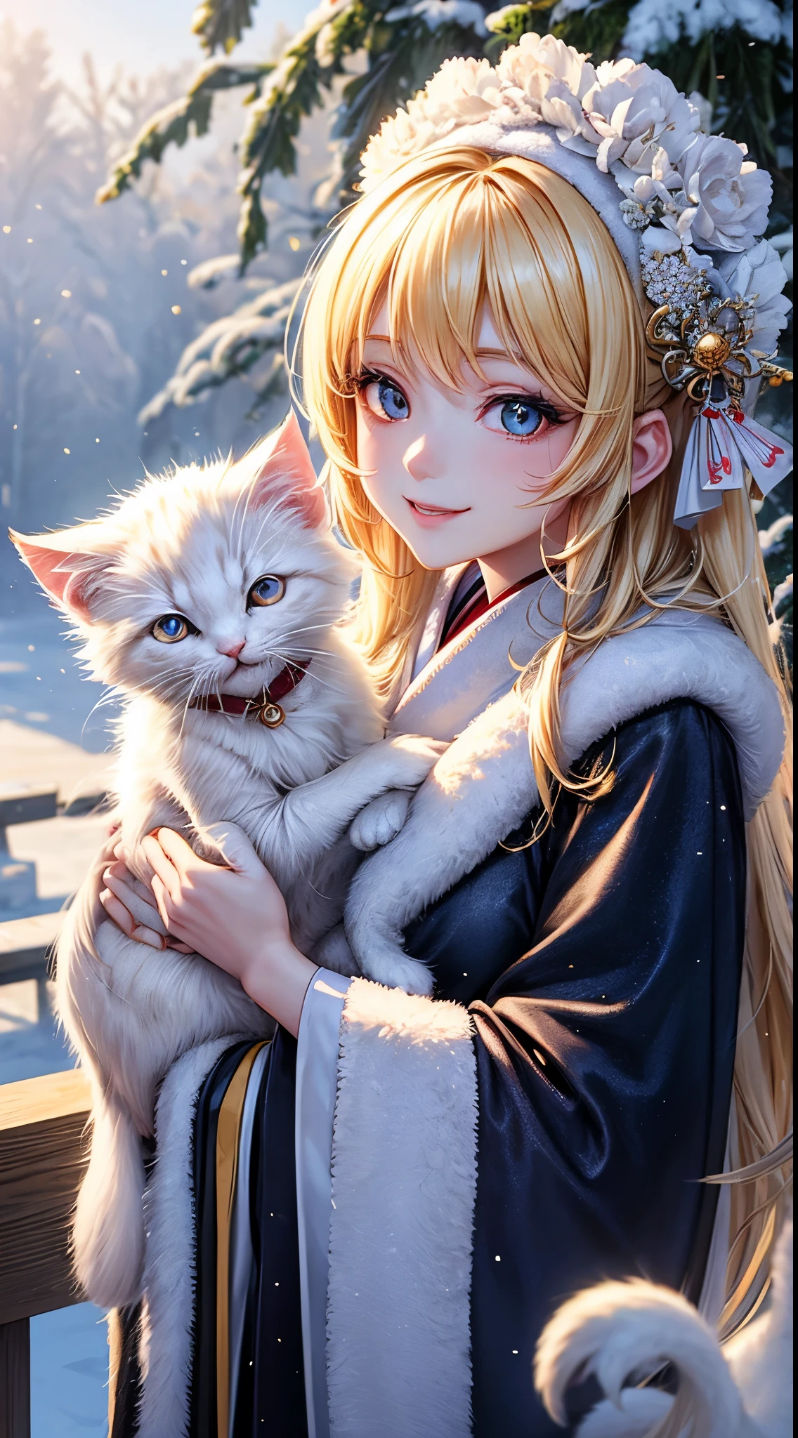 Very detailed CG Unity 8K wallpaper, Cute One Girl, Mature blonde girl, beautiful Girl, hot maiden, pale skin (Super masterpiece, Beautiful person, well detailed face polluted smile, Photorealistic, hyper realisitic), colorful winter kimono、has white fur、 Wearing white gloves,Japanese style hair ornaments、 Girl holding a white kitten, (Light Lighting)、smil、Cute white kitten