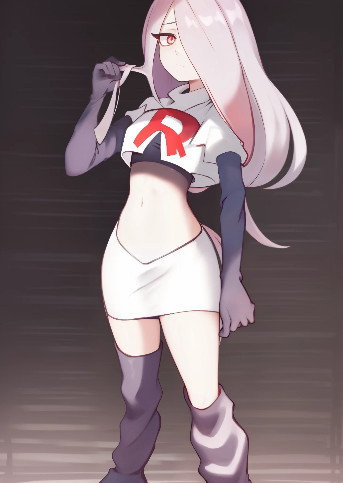 sucy, (sucy manbavaran:1.3), cowboy shot 1girl, (blank expression:1.2), (expressionless:1.2), makeup, hair over one eye, half-closed eyes, long hair, light purple hair, red eyes, pale skin, (standing cowboy shot:1.2), team rocket,team rocket uniform, red letter R, white skirt,white crop top,black thigh-high boots,black elbow gloves,