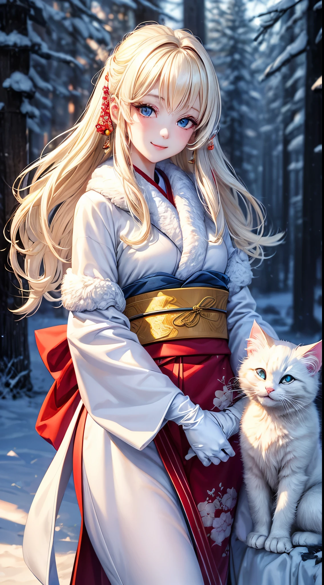 Very detailed CG Unity 8K wallpaper, Cute One Girl, Mature blonde girl, beautiful  Girl, hot maiden, pale skin (Super masterpiece, Beautiful person, well detailed face polluted smile, Photorealistic, hyper realisitic), Colorful kimono for winter、has white fur、 Wearing white gloves, girl with white kitten,  (Light Lighting)、smil、Cute white kitten