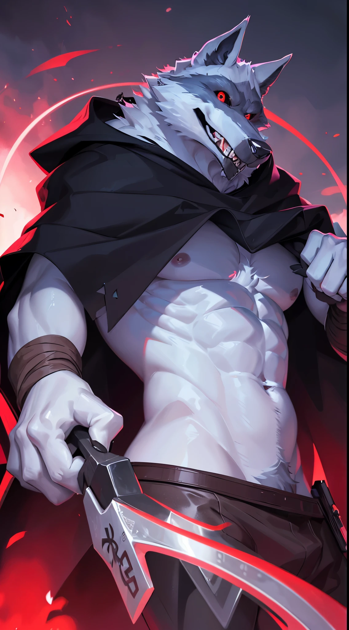 (The ultimate death wolf) best quality, ultra high res,1furry boy， solo，detailed eyes, volumetric lighting, amazing, finely detail, cowboy shot, cloak , white fur, red eyes, white sclera, bright pupils, bright atmosphere, muscular, upper body, from below