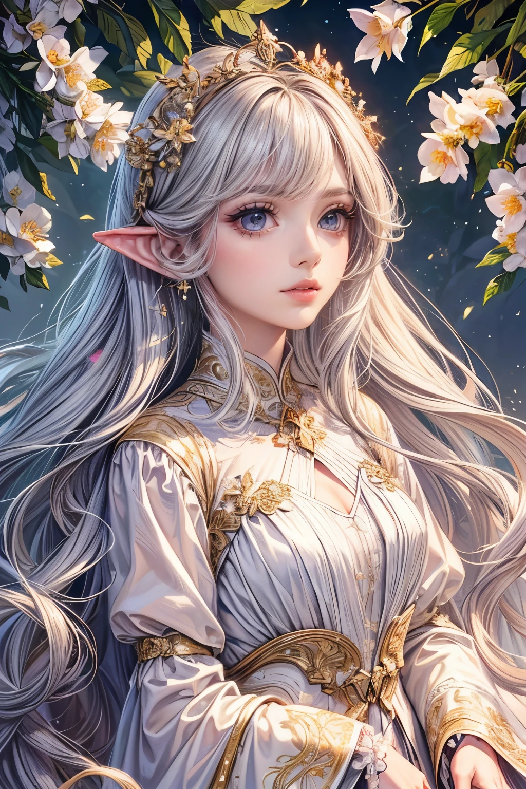 (best quality,8K,CG),detailed upper body,solitary girl,floral forest background,complex facial features,elegant long curly hair,almond-shaped big eyes,detailed eye makeup,long eyelashes,twinkling stars,exquisite lip details,soft and harmonious style.