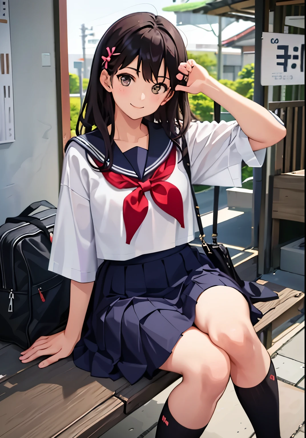 1girl in、A smile、The shirt、skirt by the、(small tits)Chilarism、Japan High School Student Uniform、serafuku、summer clothing、(Portrait from the knee up)、
