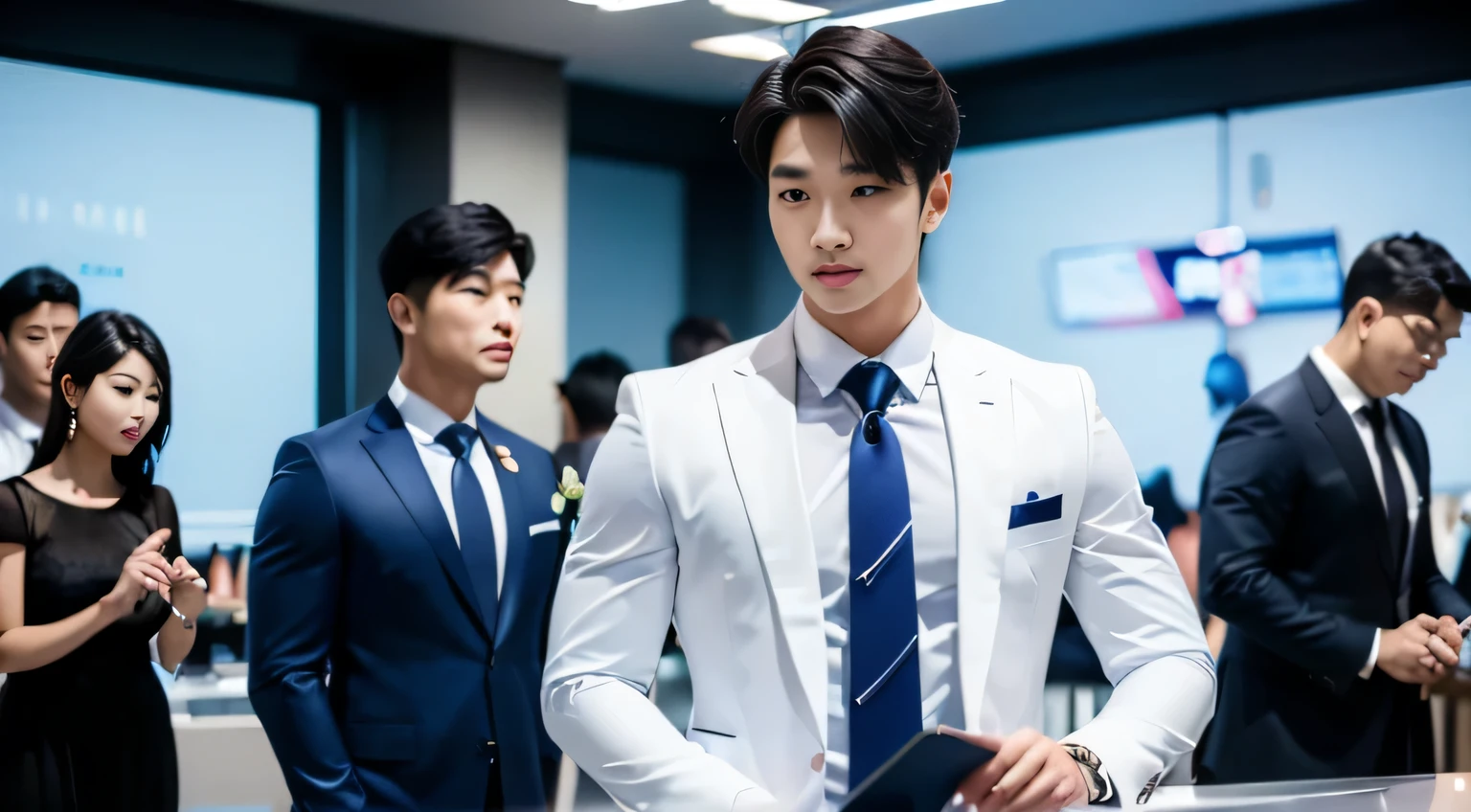 (tmasterpiece: 1.2),(computer generated art:1.3),(actual:1.5),(Post-processing:1.3), (Focus Clear:1.3), 1人, (Suits and ties), One-piece suit, Young Koreans , Korean men, (high shadows detail), chest muscle, Big arm muscles, blood vessel, large muscle, broad shoulder, looking at viewert, balance eyes, nightclub, ports, cafe shop