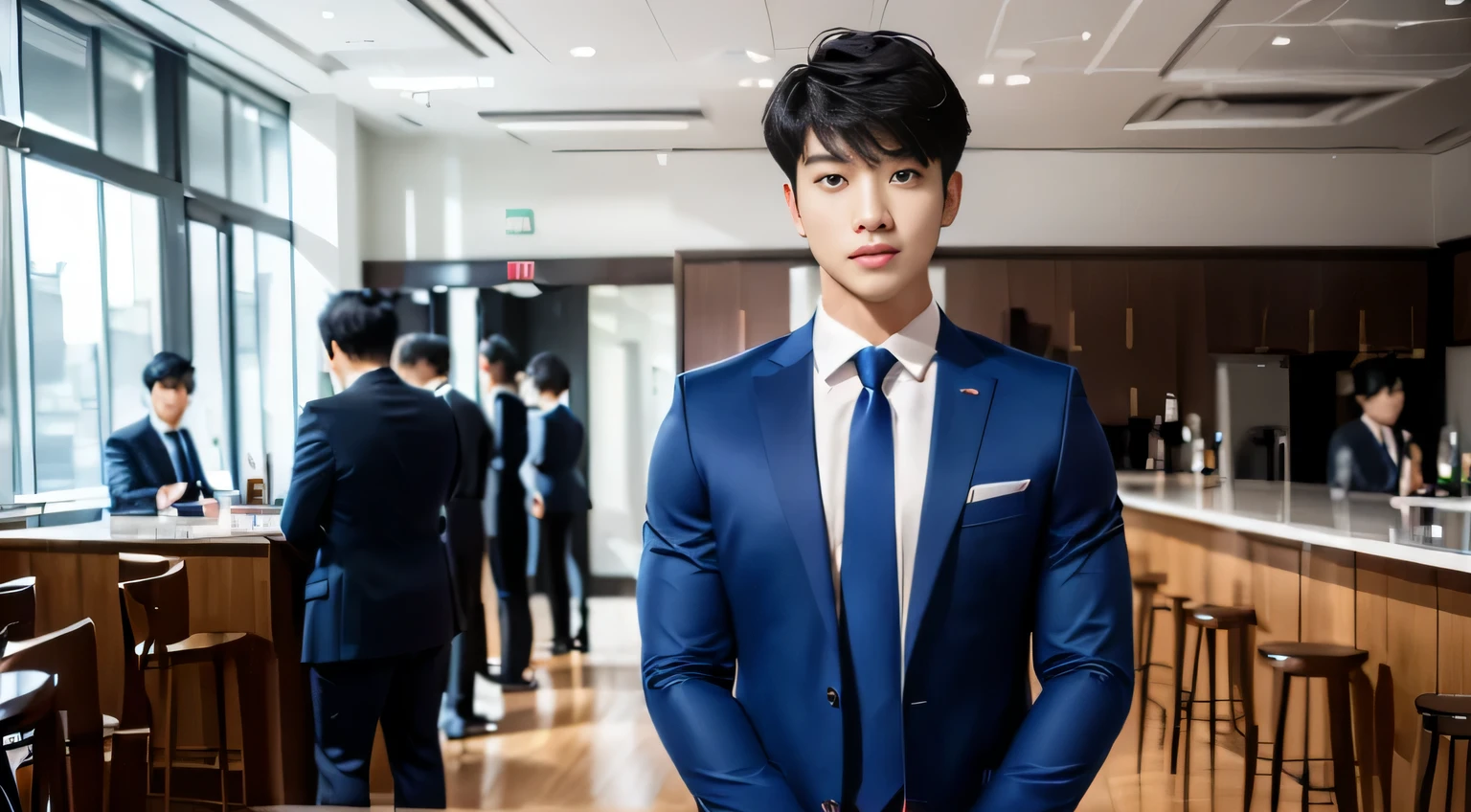 (tmasterpiece: 1.2),(computer generated art:1.3),(actual:1.5),(Post-processing:1.3), (Focus Clear:1.3), 1人, (Suits and ties), One-piece suit, Young Koreans , Korean men, (high shadows detail), chest muscle, Big arm muscles, blood vessel, large muscle, broad shoulder, looking at viewert, balance eyes, nightclub, ports, cafe shop