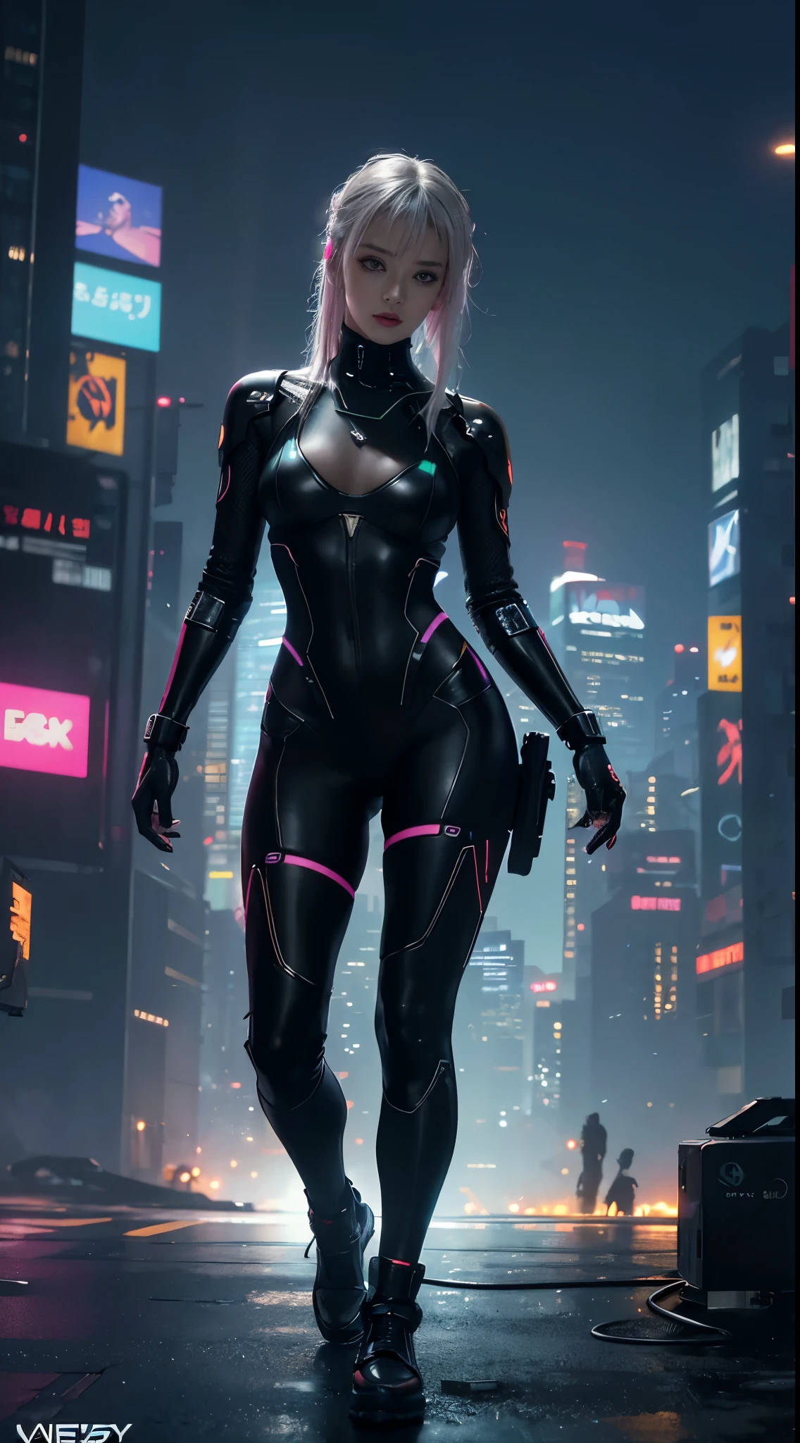 Top image quality, masutepiece, Ultra-high resolution, (fidelity:1.4), Photo, movie, ((Cyberpunk Personality)), Cyber Costume, Futuristic, ((Award-winning ultra-realistic photos))，（Hyper-detailing），（intricate-detail），（high resolution CGI artwork 8k），a girl in，Cyberpunk City。Futuristic style，There are many colors and LED lights。The cityscape must be very detailed，depth of fields。Create depth with atmospheric lighting，wide wide shot。Using atmospheric lighting and volumetric lighting、Highlights details in the cityscape。Illuminated by neon lights, Pastel texture color background, colourfull, Vibrant