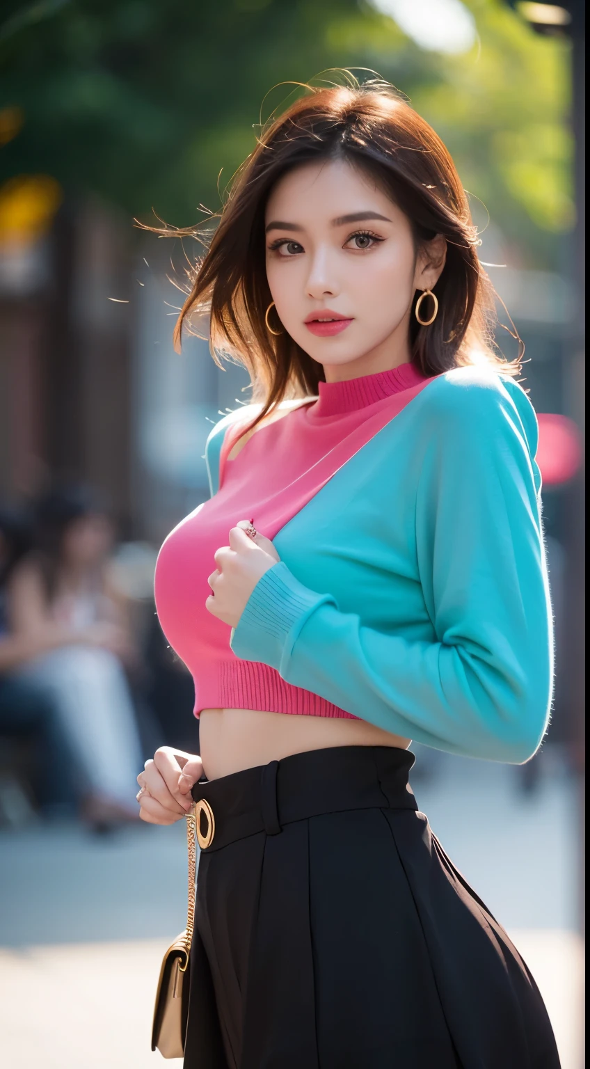 Master piace, Trendy woman, fashionable attire, vibrant colors, dynamic pose, ambient light, expressive facial details, stylish accessories, bokeh background, high resolution, love eyes