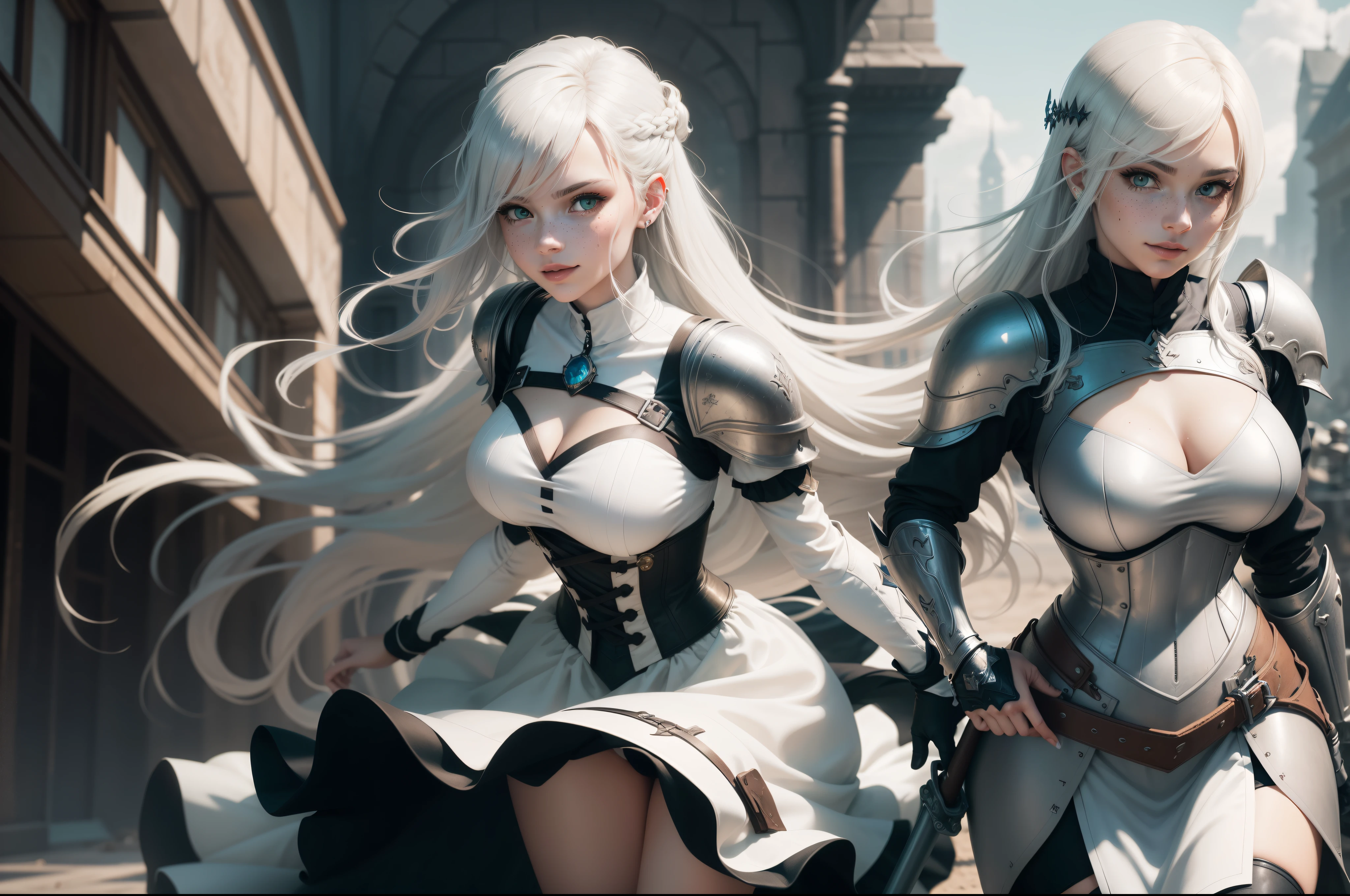 gwen tennyson,yorha 2b,riven,tracer,1girl, overwatch,atelier ryza,close up,battlefield view,tattoos,royal gray and white plugsuit,white short sleeve knight tunic,short sleeve knight full plate armor,long knight skirt,white knight corset,long hair,princess makeup,green eyes,multicolored silver hair,long dress train,shy smile,freckles,beautiful girl, knight thigh high boots,large breasts,8k,ultra detailed,realistic,fantasy art,steel knight uniform,queen gown dress,hair pin,ear piercings,snowflake hand and neck jewelry,(weather:windy),long gray knight cape,holding a sword on each hand,(pose:ready to attack),solo girl,