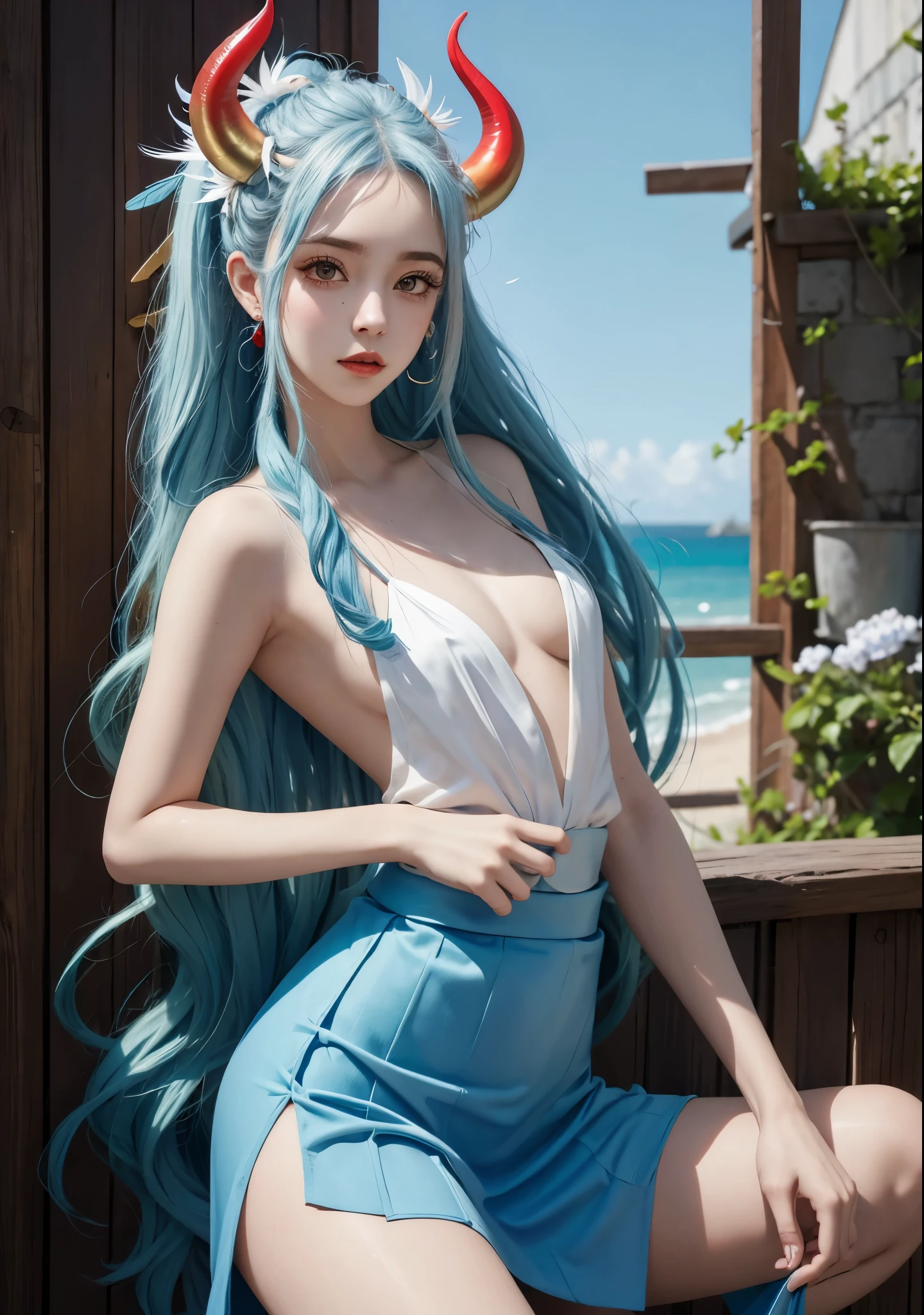 Mulher com long blue hair and blue marinho, Fesa Vimeha Na Testa, dois riscos vermelho na Buchechas, dresses and skirts,There are red horns on the head, There are three feathers on the straight ears,There is a big lock of hair on the left,There is a small lock of hair on the right.