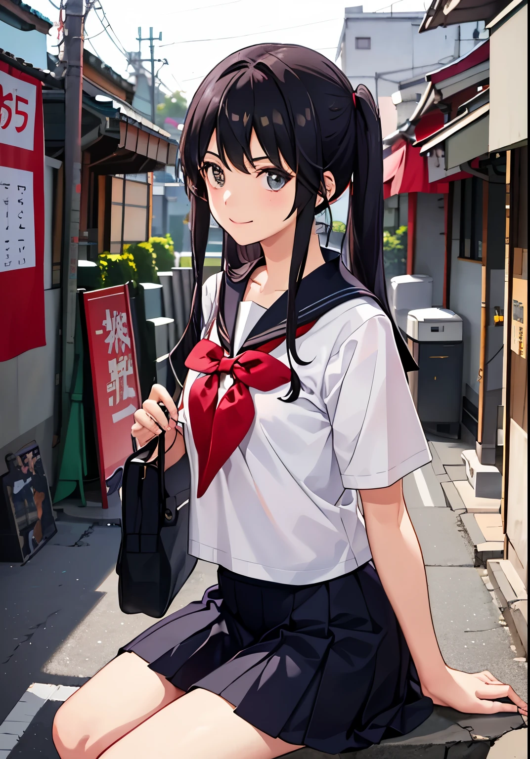 1girl in、A smile、The shirt、skirt by the、(small tits)Chilarism、Japan High School Student Uniform、serafuku、summer clothing、(Portrait from the knee up)、