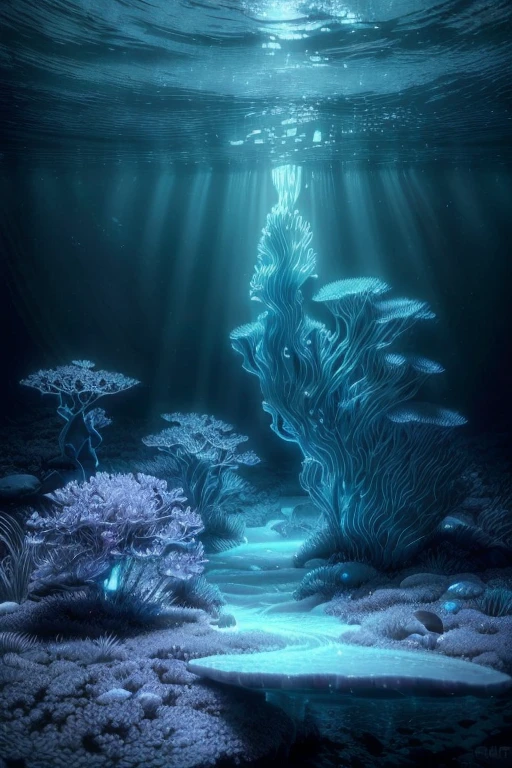 Capture the ethereal of light and shadow in a stunning monochromatic photograph with selective color details, revealing the hidden poetry of Bioluminescence, underwater, (realistic, photorealistic, RAWphoto:1.4), fantasy, Magic Realism Style, whimsical, octane render, enhance, intricate, (best quality, masterpiece, Representative work, official art, Professional, unity 8k wallpaper:1.3)