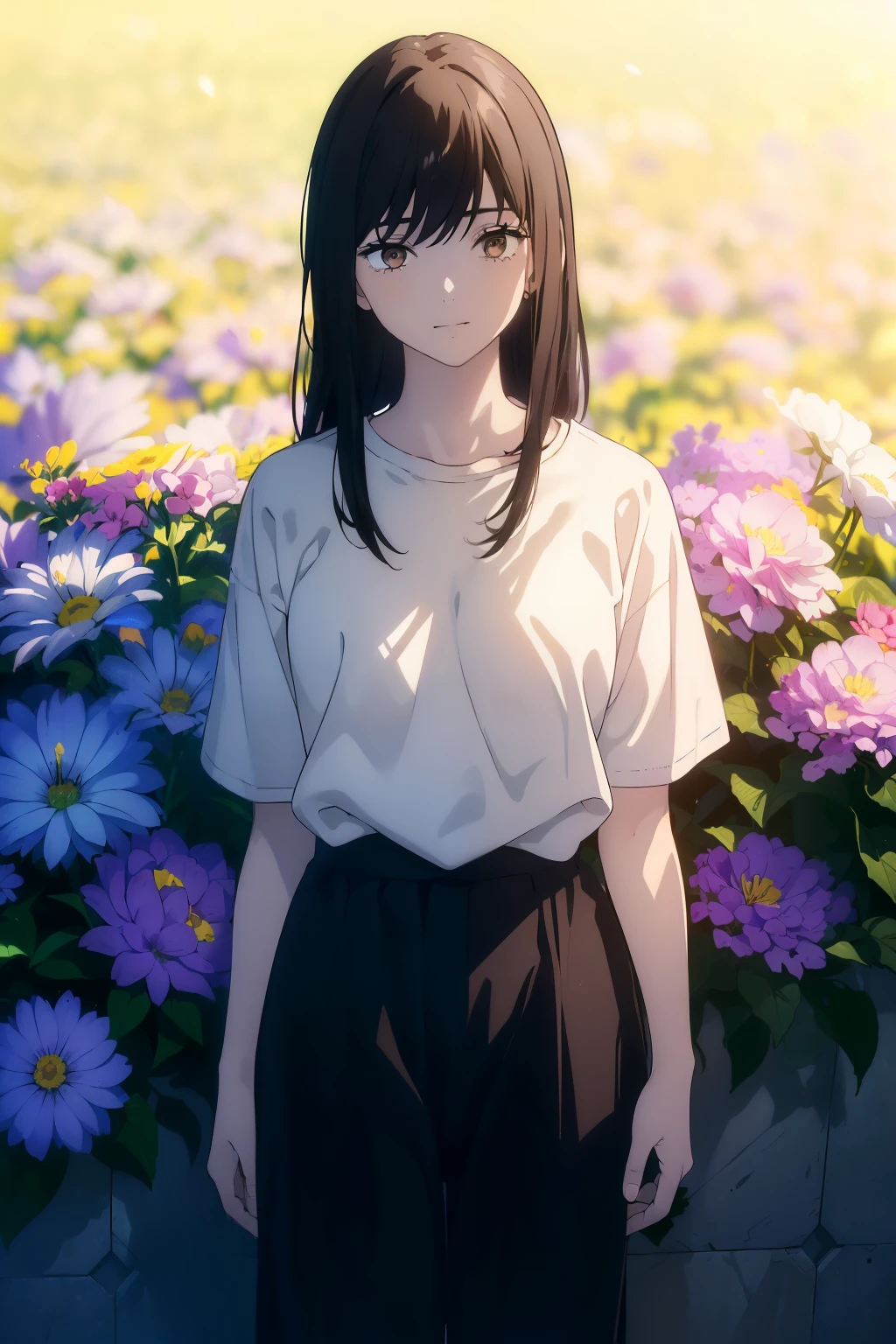 ((((Obra maestra, La mejor calidad, ultrahigh resolution)))), 1girl, standing, (baggy white t-shirt, loose fitting blue shortlack hair, dark black hair over eye)), long hair cut, pale skin, ((brown eyes)), glowing_eyes, neon eyes, (ultra detailed eyes:0.7, beautiful and detailed face, detailed eyes:0.9), ((centered)), smile, ((wide shot)), facing viewer, (((vibrant background of outside, flowers, bright lighting, summer, sunlight))), flat chested, looking at viewer, ((half closed eyes)), ((perfect hands)), ((head:1, hips, elbows, arms, in view)), ((hands behind back)), empty eyes, beautiful lighting, defined subject, 25 years old, ((cool looking))