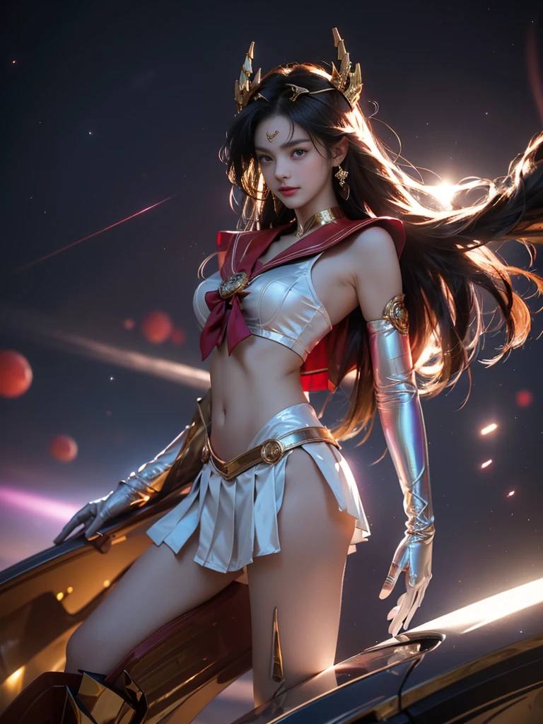 full: 1.5, standing on your feet, tmasterpiece, 3D, actual, Ultra-micro photo, quality, Ultra detailed CG unified 8k wallpaper, from below, Complicated details, (1 female), 18yr old, (SAMA1, tiara crown, Sailor warrior uniform, whitegloves, Red sailor collar, reddress, Sailor warrior uniform: 1.2, sailor firey星: 1.2, meishaonv), Purple black extremely long straight hair: 1.2, Shiny and beautiful long straight hair: 1.2, revealing Sailor warrior uniform, Shiny crimson sexy pleated miniskirt: 1.3, (There is a very large purple bow in the center: 1.4, golden tiara crown on the forehead: 1.5, Elbow colored gloves: 1.1, upper arm: 1.1, Shiny red enamel knee-high boots,Comes with luxurious gold accents: 1.3, Saturated crimson wide collar, saturated crimson Red sailor collar, Luxurious long white latex gloves with gold accents: 1.3, There is a big red bow on the back of the waist: 1.1, Red collar, Look sexy and bold, red star earrings)), SMfirey星 very long hair, Parted bangs, ((lusty smile, very pretty look face, Face details: 1.5, Bright purple eyes, pretty face, pretty eyes, shinning eyes, Thin lips: 1.3, Thin, pointed pale eyebrows, long, black eyelashes, Double lashes)), luxury gold jewelry, (Very thin and form-fitting high-gloss white holographic leather: 1.3), Bold and sexy slender high-leg gravel swimsuit, (Combat posture), humongous large breast白色翅膀, Thin and well-muscled muscles, Muscular abs, petty face, humongous large breast, proporções perfeitas, big breasts thin waist, sexy model pose, Visible Pore, Perfect hands: 1.5, octaneratingrendering, very dramatic image, Intense natural light, rays of sunshine, Delicate lighting and shadows, dynamic angle, DSLR sharp, focal point: 1.0, Maximum Clarity and Sharp Divinity, Burning space background, 动态firey焰背景, Human on firey: 1.2, firey, fireyball, firey Parks, Dynamic firey, Burn hair, dynamic framework, firey星, themoonlight, themoon, themoon, Dynamic background, Background of details))