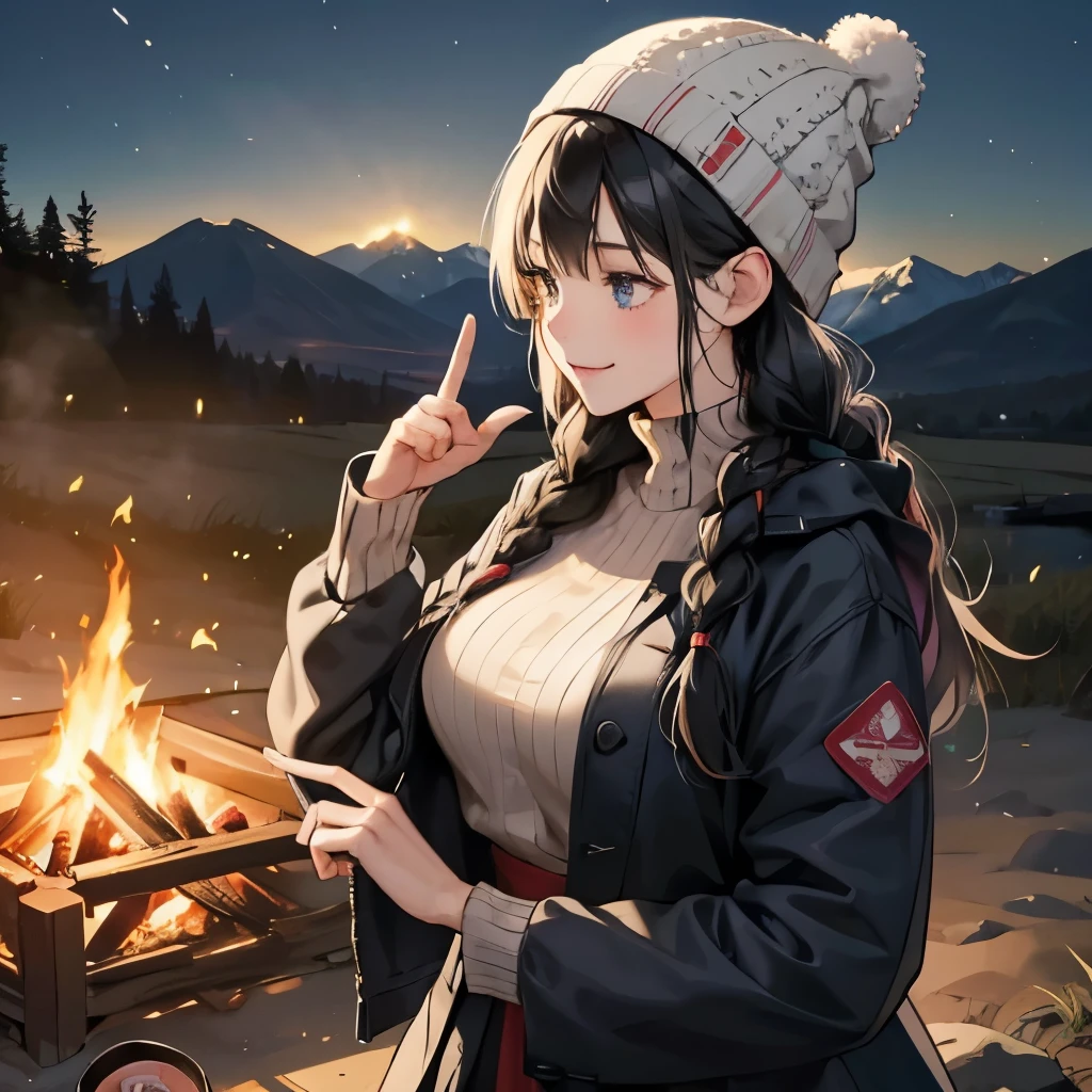 bonfireの前に座っている女の子,ssmile,Very cute,knit hat,black hair with braids,Slender but big breasts,tre anatomically correct,Precise fingers,Mountain Girl,At the campsite at night,bonfire,photorealisim,masterpiece,hiquality,