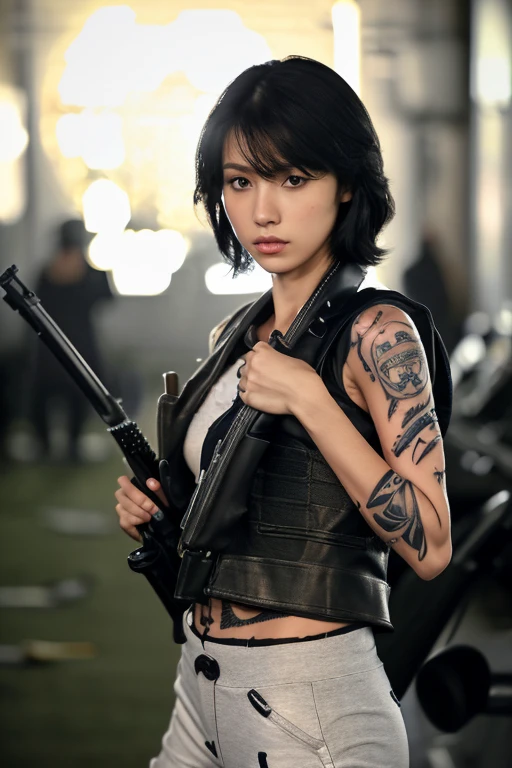 (best quality, masterpiece:1.1), highly detailed CG, 16K, raw photograph, hyper realistic, best aesthetic, ultra high res, very high resolution, pov, (correct anatomy:1.5), outdoor, night, city, dark alley, 1 girl, Japanese woman, 18 years old, solo, ((from front:1.2)), (from below:1.1), cowboy shot, black hair, short hair, fairly detailed skin, (sweat:1.3), dark eyes, narrow eyes, highly detailed eyes, tall nose, detailed nose, highly detailed lips, expressionless, ((holding 1 automatic rifle, firing the rifle against the enemy:1.5)), (slender:1.3), (beautiful breast:1.2), ((leather clothes, open chest, strapless, sleeveless:1.4)), ((tattoo on chest and shoulders:1.5)), (stomach cutout, naval:1.3)), ((short pants:1.4))