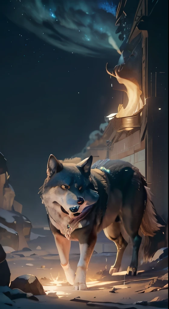 Strong wolf，Mid shot of body appearance scene），Admire the night sky，The stands up，tosen，Rush into the night sky，Detailed depiction of hair，（An extremely detailed depiction of the wolf&#39;s body），Empty night sky，Transparent Nebula，pagoda，Auspicious clouds，The huge full moon shines brightly，Endless savannah，（Snowflakes flying），empty visuals，ultra-wide-angle，Winter tones，light and shadow effect，Light particle tracing，Render by Octane，电影灯光，surreal scenery，Clear contour light，rim-light，Fantastical，（8K分辨率），spotlight lights，tmasterpiece，painting of a，フォトリアリスティック，realistically