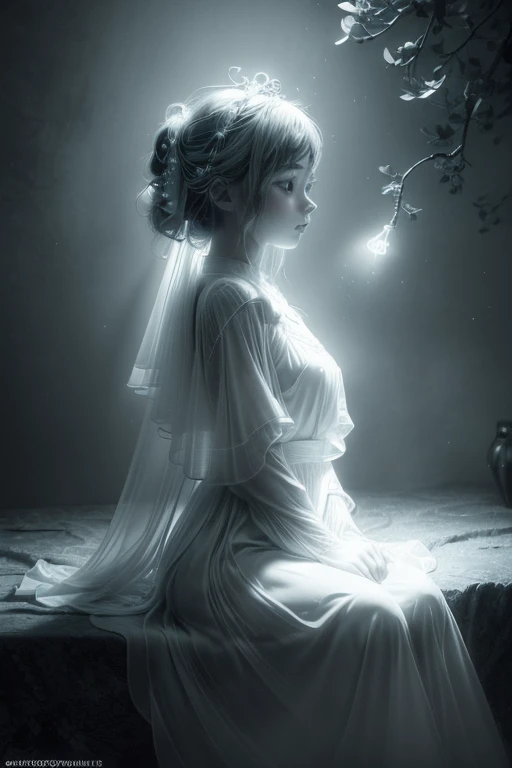 Capture the ethereal of light and shadow in a stunning monochromatic photograph with selective color details, revealing the hidden poetry of Bioluminescence, (realistic, photorealistic, RAWphoto:1.4), fantasy, Magic Realism Style, whimsical, octane render, enhance, intricate, (best quality, masterpiece, Representative work, official art, Professional, unity 8k wallpaper:1.3)