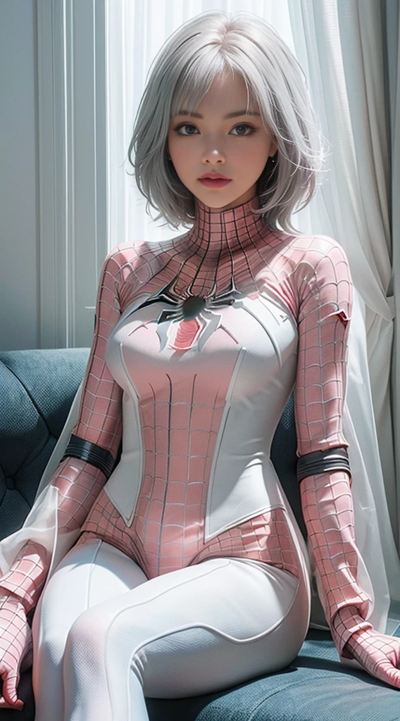 (Extreme Detail CG Unity 8K wallpaper, masterpiece, highest quality), (Exquisite lighting and shadow, highly dramatic picture, Cinematic lens effect), a girl in a white Spider-Man costume, pale skin, skin tune pink, silver gray hair color, from the Spider-Man parallel universe, Wenger, Marvel, Spider-Man, sitting on the couch, dynamic pose), (excellent detail, excellent lighting, wide angle), (excellent rendering, enough to stand out in its clasocus on white Spider-Man costumes, complex spider textures