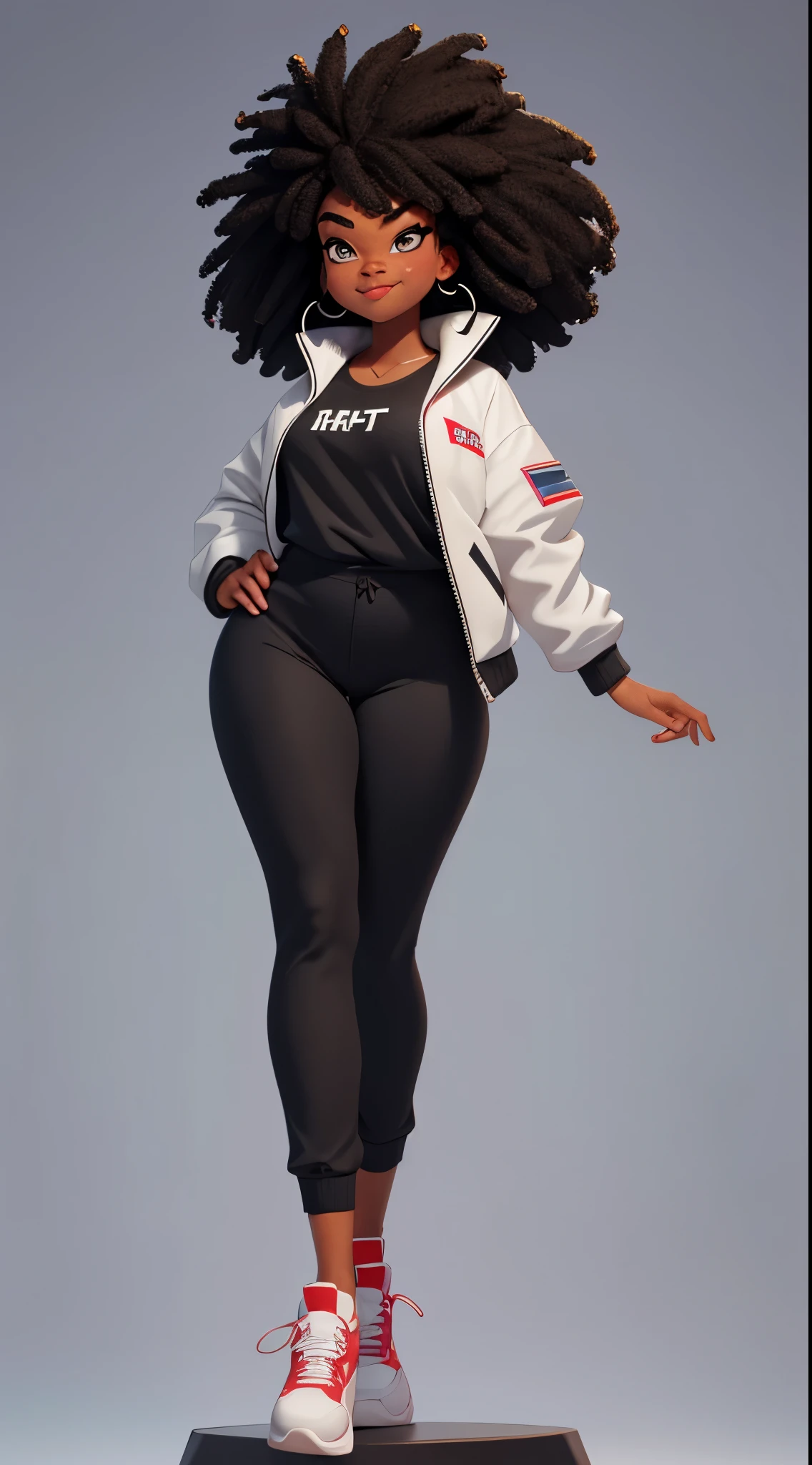 Young women, full bodyesbian,Black, black-skinned,Thick lip,Wide nose,Enchanting standing, looking at viewert, black afro short hair, Loose sports top jacket,long t-shirt,Black sports trousers,perfect body figure,Thin leg,A smug expression