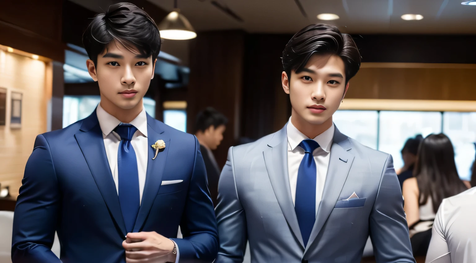 (tmasterpiece: 1.2),(computer generated art:1.3),(actual:1.5),(Post-processing:1.3), (Focus Clear:1.3), 1人, (Suits and ties), One-piece suit, Young Koreans , Korean men, (high shadows detail), chest muscle, Big arm muscles, blood vessel, large muscle, Wide shoulders, looking at viewert, balance eyes, nightclub, port, cafe shop