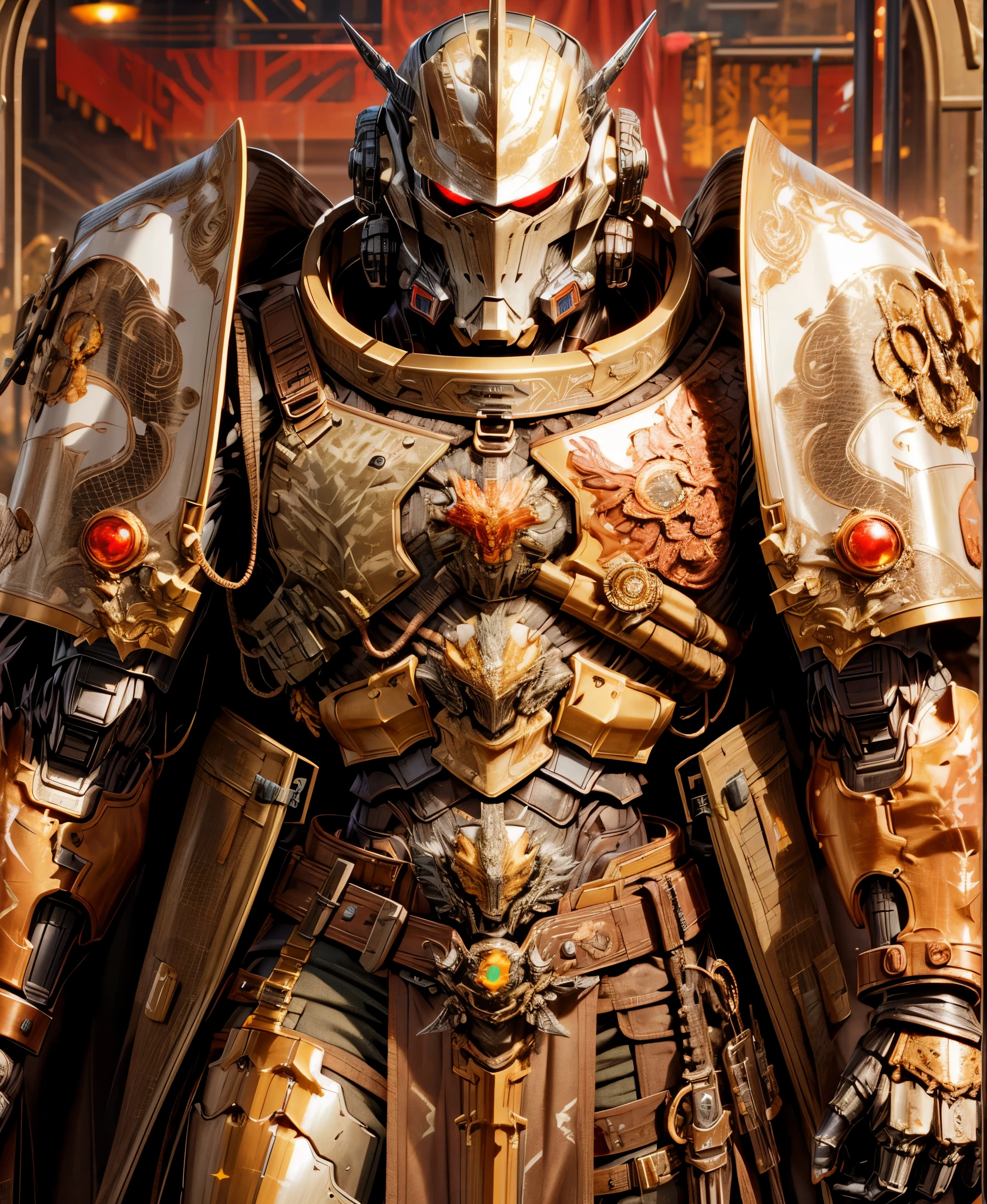 (((An epic and visually stunning digital anime masterpiece featuring a sylphlike masculine ((male:1.5)) decorated military dieselpunk cyborg soldier clad in a sleek yet tactical armored yet decorated leather military trench coat:1.2))), (((flat masculine male chest:1.5, full head covered by a mechanical mecha knight helmet with a narrow visor:1.5))), (((the character adorned in a (scifi tactical armored open front trench coat with a built in exoskeleton) (over a form fitted armor plated yet super sleek and revealing under suit with waist cut outs), the armor plating on the upper arms and shoulders beautifully engraved))):1.4. The image showcases the intricacies of the character’s armor and clothing:1.5, ((capturing their flamboyant essence and heavy mecha aesthetic:1.2)). The character also possesses an androgynous charm, (((with slim yet heavily muscled physique:1.2, sylphlike with a sleek waist, toned yet beautifully sleek cybernetic arms:1.3, mechanical arms and legs:1.3, mecha muscles:1.3))), looking at viewer, (((brass metal armor and brown leather, dieselpunk:1.3))), (((depth of field, cinematic lighting, chromatic aberration, ray tracing, UHD, masterpiece, top of head covered, super detail, high details, high quality, award winning, 8k, highres)))