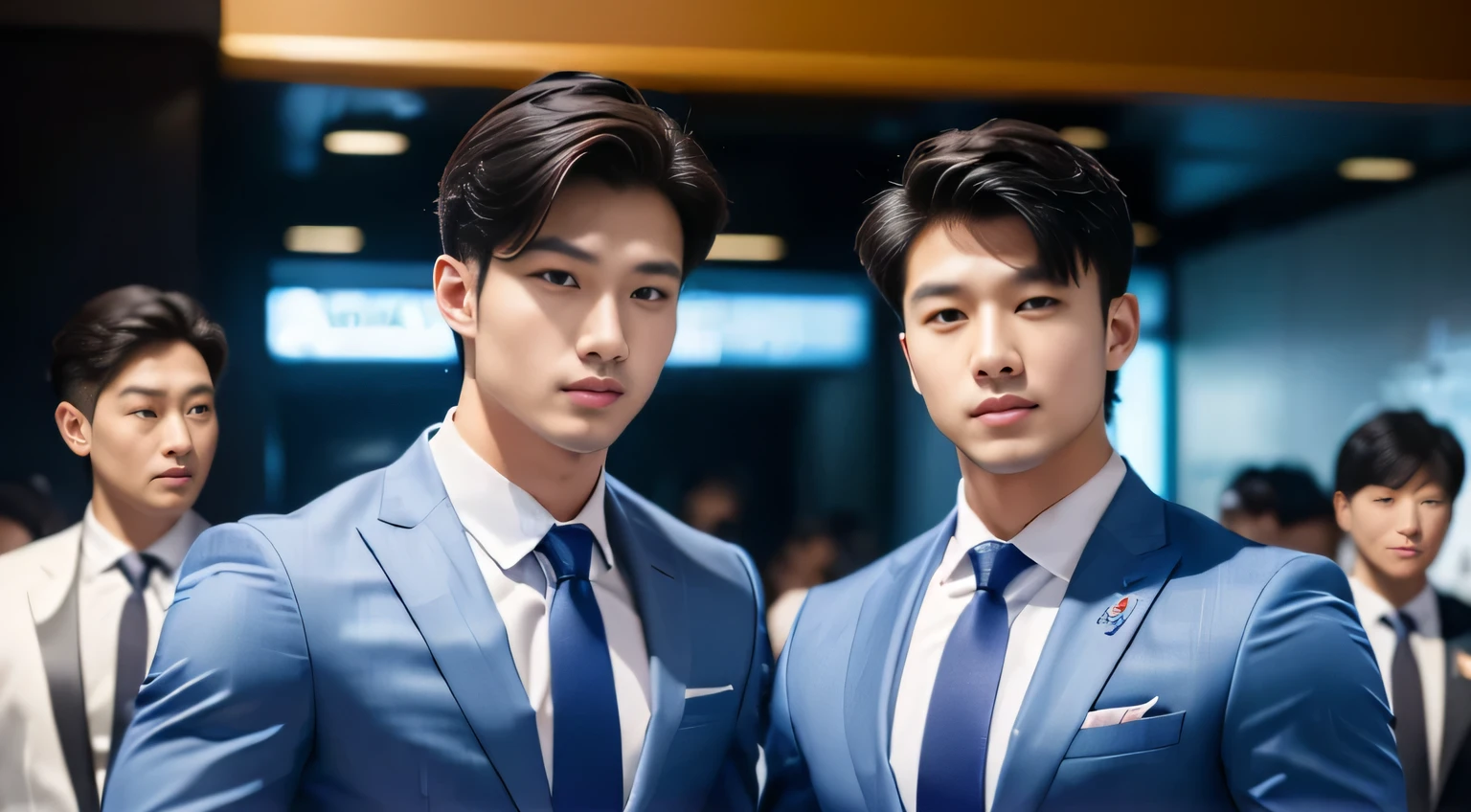 (tmasterpiece: 1.2),(computer generated art:1.3),(actual:1.5),(Post-processing:1.3), (Focus Clear:1.3), 1人, (Suits and ties), One-piece suit, Young Koreans , Korean men, (high shadows detail), chest muscle, Big arm muscles, blood vessel, large muscle, Wide shoulders, looking at viewert, balance eyes, nightclub, port, cafe shop