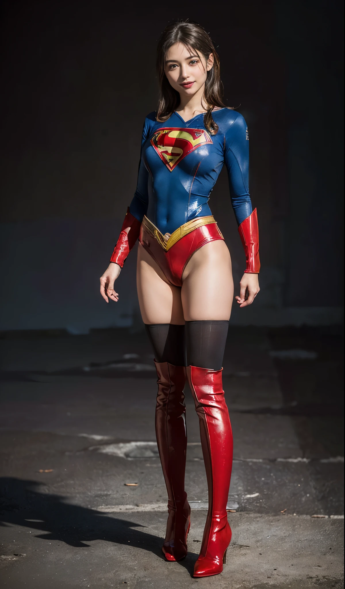 No background、Are sleeping、lying back on、(((Wear black tights on your beautiful legs.)))、(((Grow legs、tall、Legally express the beauty of your smile)))、((((Make the most of the original image)))、(((Supergirl Costume)))、(((beautiful hairl)))、(((Suffering)))、(((Feet must necessarily be worn with black tights)))、(((You need to wear red boots)))、((Top image quality、8K))、((top-quality、8K、masterpiece:1.3))、(((Keep Background )))、Crisp focus:1.2、Beautiful woman with perfect body shape:1.lender Abs:1.2、a wet body:1.5、Highly detailed facial and skin texture、8K