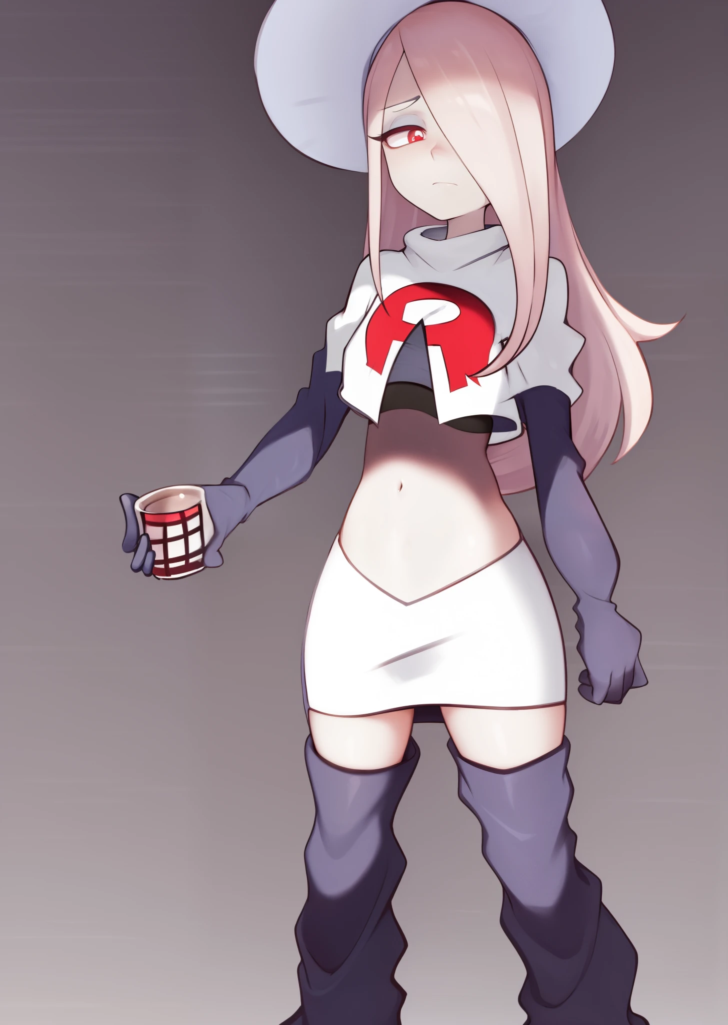 sucy, (sucy manbavaran:1.3), cowboy shot 1girl, (blank expression:1.2), (expressionless:1.2), makeup, hair over one eye, half-closed eyes, long hair, light purple hair, red eyes, pale skin, (standing cowboy shot:1.2), team rocket,team rocket uniform, red letter R, white skirt,white crop top,black thigh-high boots,black elbow gloves,