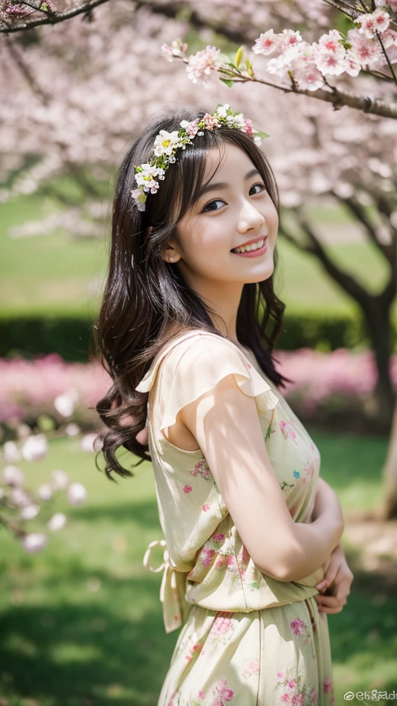 best quality,ultra-detailed,realistic,photography,portrait,dreamy lighting,colorful,plum blossom garden,fresh air,innocent smile,long black hair,slightly wavy hair,delicate features,porcelain skin,natural beauty,playful expression,pink dress,green grass,colourful flowers,flower crowns,sunshine filters through the leaves,happy and carefree,curious eyes,gentle breeze,motion blur background,bokeh,crisp details.