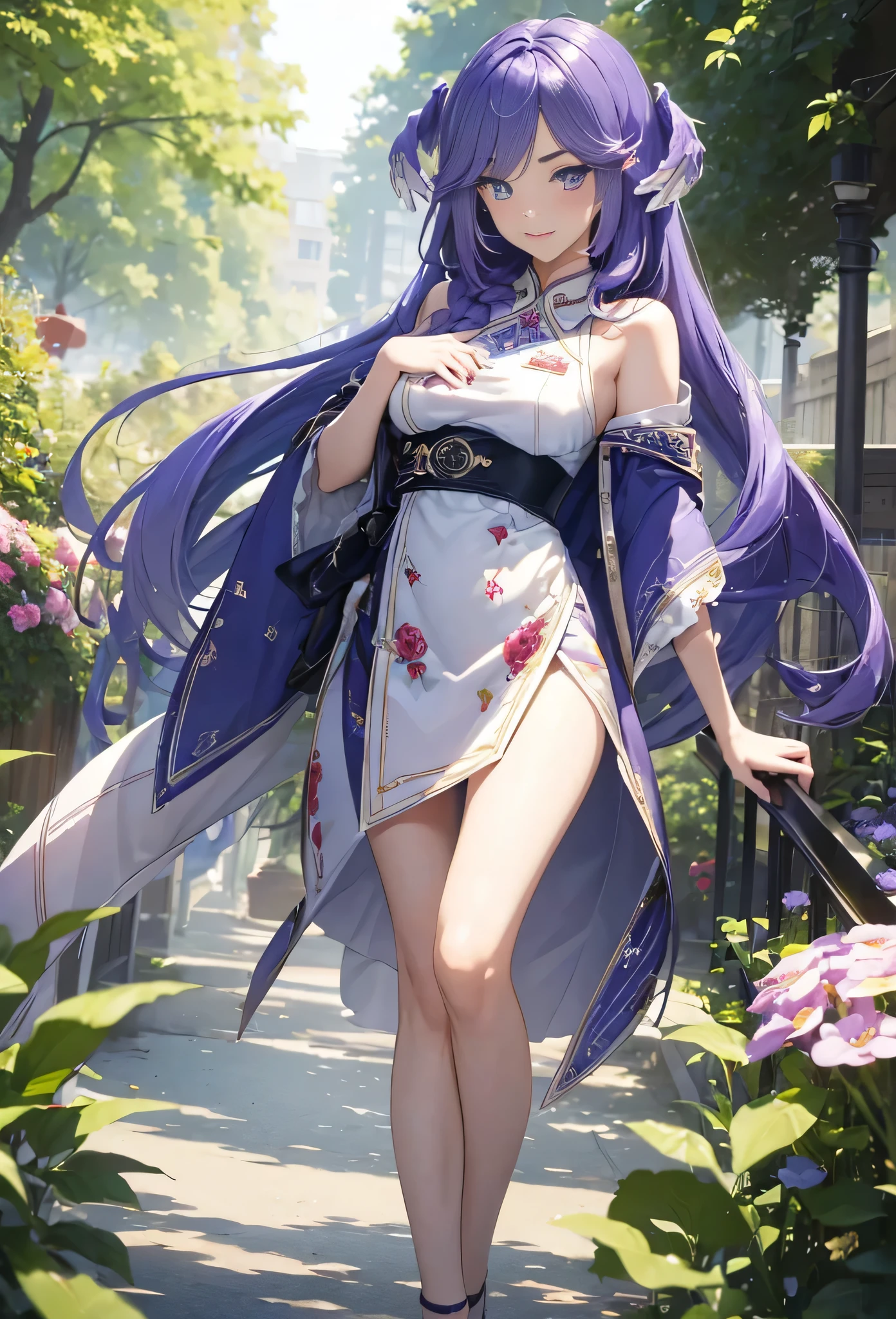 ((Best quality at best, 8K, tmasterpiece: 1.3)), 1个Giant Breast Girl, Slim and beautiful: 1.3, (long whitr hair: 1.2), Floral dress, legs long: 1.1, The face is super delicate, Fine Eye, 二重まぶた, En plein air