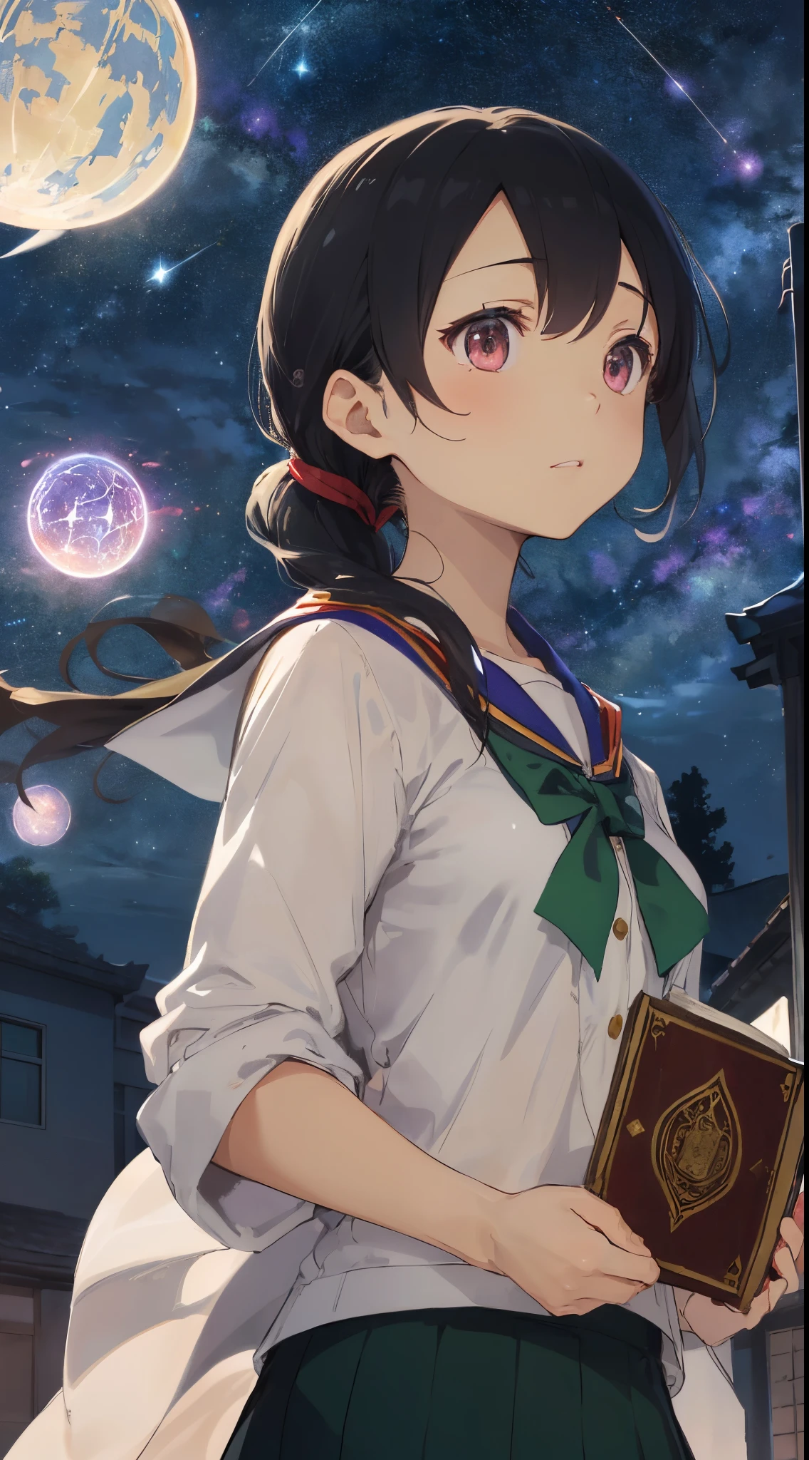 「(Teacher at Magic Academy:1.3)、Young woman with black hair tied up with green ribbon、Wearing a magic robe with green and gold decorations。She is on the roof of the school、Holding an ancient magic book in one hand、With the other hand(Super-celestial magic:1.5)Performing the chanting of。At that moment、The whole sky is dyed red、Oversized Meteors are raining down towards the ground。In the background、With the starry sky at night、It depicts the students of the school looking up at the scene with astonished expressions.。」
