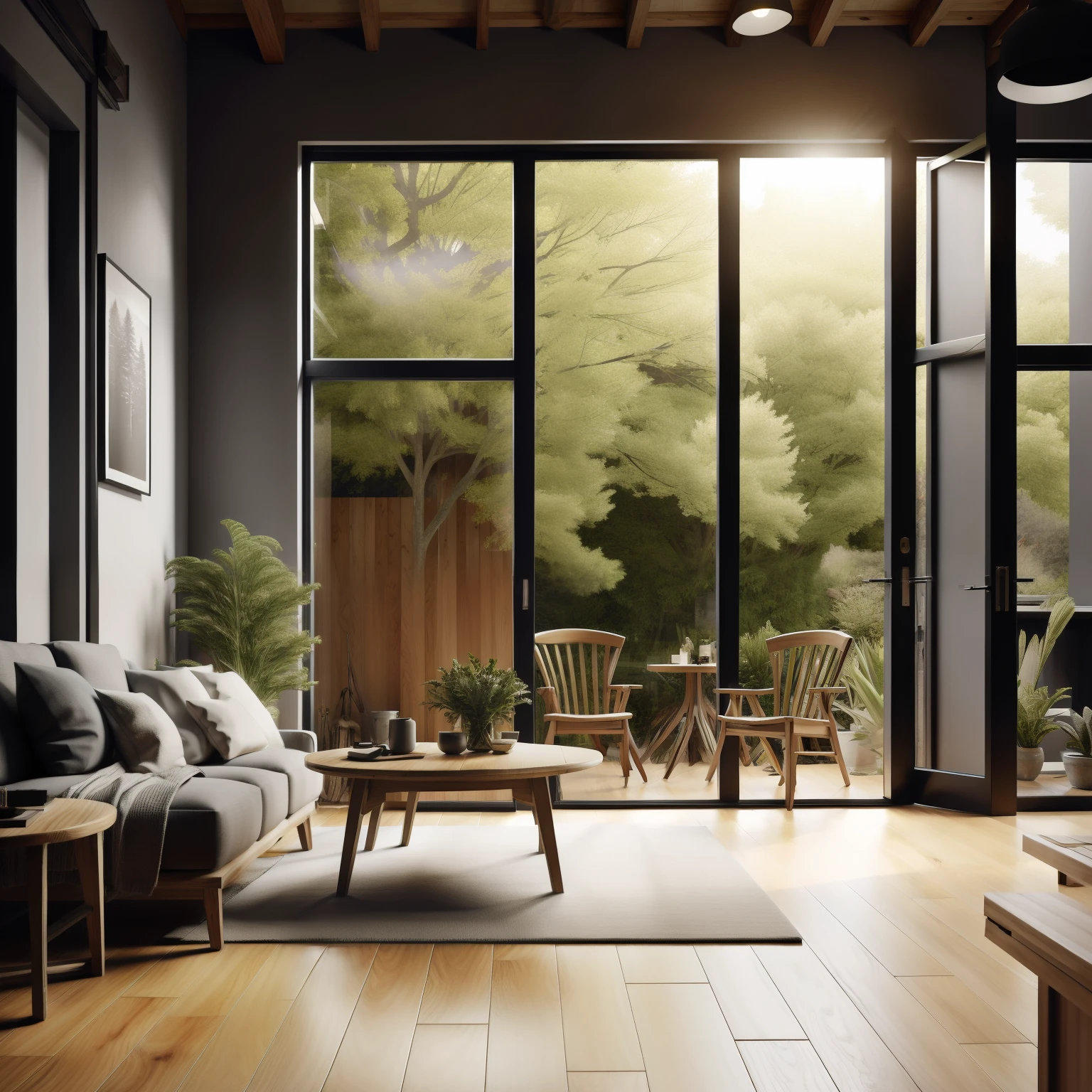 interior design、めちゃくちゃ詳細な広角architectural写真、Cozy contemporary living room、(Bright and warm sunlight 1:0.1)、受賞歴のある現代的なinterior design、landscapes、The table、a chair、inside the house、Wooden flooring、window、resturant、東アジアのarchitectural、sliding paper doors、abajour、architectural、beautiful forest、realistic nature、cups、realistic houseplants、interior design、Insert lighting and shadows、depth of fields、low illuminance、stairway,
