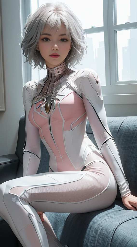 Full body photo, 25 years old Spider-girl, Gwen, Spider-Man, Wenger Spider-Man costume, ((white pink costume)), (extremely_beautiful_and_delicate:1.3), in the caffe drinking coffe, dynamic angle, dutch angle, from above, food, mug, one eye closed, indoors, sitting, cup, holding, chips (food), laptop, computer, window, blush, pillow, beer, eating, night, open clothes,curtains, indian style, spaghetti strap,holding cup, snowing, looking at viewer,holding food, smile, blanket, (4K:1.3), 24mm, 4k texture, low light, HDR, complex, short blonde hair, high detail, (side of shaved head: 1.3), sharp focus, crazy detail, complex detail, hyper-detail