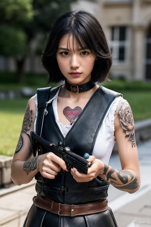 (best quality, masterpiece:1.1), highly detailed CG, (dynamic:1.3), 16K, raw photograph, hyper realistic, best aesthetic, ultra high res, very high resolution, pov, (correct anatomy:1.5), outdoor, night, city, dark alley, 1 girl, Japanese woman, 18 years old, solo, ((from front:1.4)), ((from below:1.2)), cowboy shot, black hair, short hair, fairly detailed skin, (sweat:1.3), dark eyes, narrow eyes, highly detailed eyes, tall nose, detailed nose, highly detailed lips, expressionless, ((holding 1 automatic rifle, firing the rifle against the enemy:1.5)), (slender:1.3), (beautiful breast:1.2), ((leather dress, open chest, strapless dress, sleeveless:1.4)), ((tattoo on chest and shoulders:1.5)), (stomach cutout, naval:1.3)), ((mini skirt, leather skirt:1.4)), (boots:1.4),