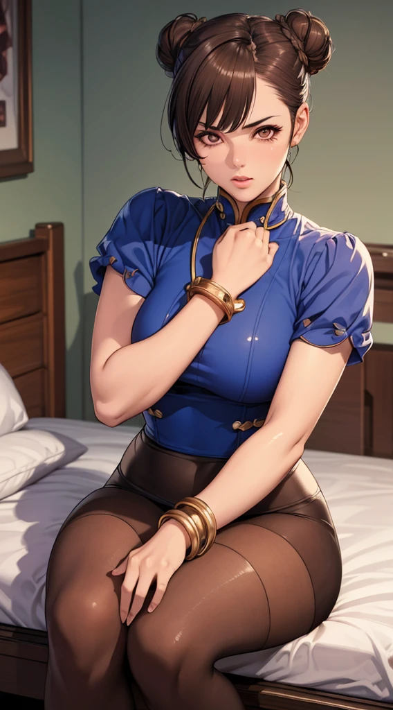 Masterpiece, (high quality), (intricate, 8k, 4k), 1 girl, Chun li, short Brown hair, double bun, mascara, (pubic hair), Brown pantyhose, Spike bracelet, sfw, bedroom, Oda Non,