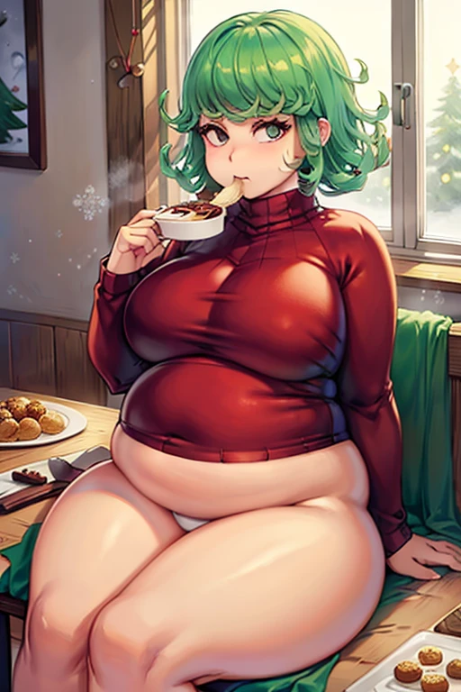 fat, large belly, standing, big belly, very fat, large stomach, chubby (best quality, masterpiece), tatsumaki, green hair, Christmas, wearing sweater, eating, sitting down, table full of food, cookies, eating cookies, very fat, Christmas season, Christmas time, Christmas season, holidays, Christmas sweater,