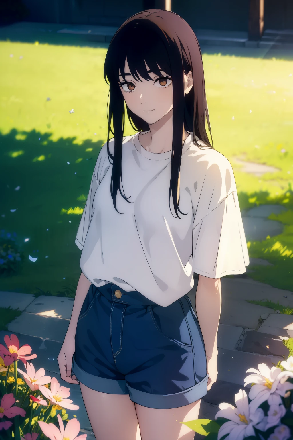 ((((Obra maestra, La mejor calidad, ultrahigh resolution)))), 1girl, standing, (baggy white t-shirt, loose fitting blue shorts, back hair, dark black hair over eye)), long hair cut, pale skin, ((brown eyes)), glowing_eyes, neon eyes, (ultra detailed eyes:0.7, beautiful and detailed face, detailed eyes:0.9), ((centered)), smile, ((wide shot)), facing viewer, (((vibrant background of outside, flowers, bright lighting, summer, sunlight))), flat chested, looking at viewer, ((half closed eyes)), ((perfect hands)), ((head:1, hips, elbows, arms, in view)), ((hands behind back)), empty eyes, beautiful lighting, defined subject, 25 years old, ((cool looking)), ((from above, wide shot))