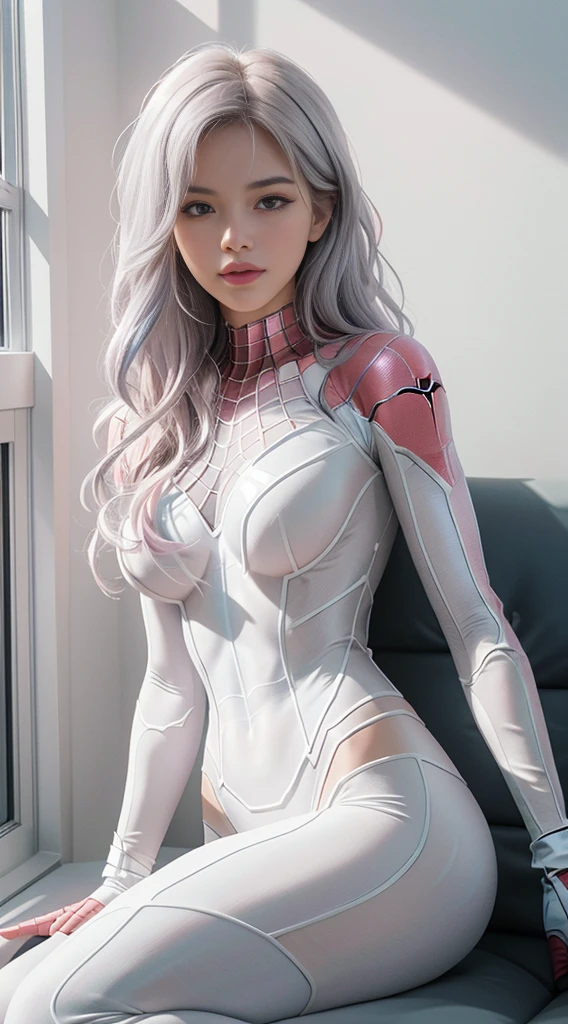 (4k, masterpiece, best quality: 1.2) 1girl, solo, spider gwen, gwen, white spiderwoman suit