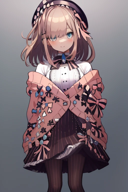 masterpiece, best_quality, 1girl, solo, lulu suzuhara, blue eyes, brown hair, hair ornament, hair over one eye, hair ribbon,
hat, beret, boots, bow, bowtie, brooch, buttons, cardigan, frills, jewelry, pantyhose, ribbon, skirt, striped, striped pantyhose, striped skirt, vertical stripes, vertical-striped pantyhose, virtual youtuber, (pink cardigan:1.5),