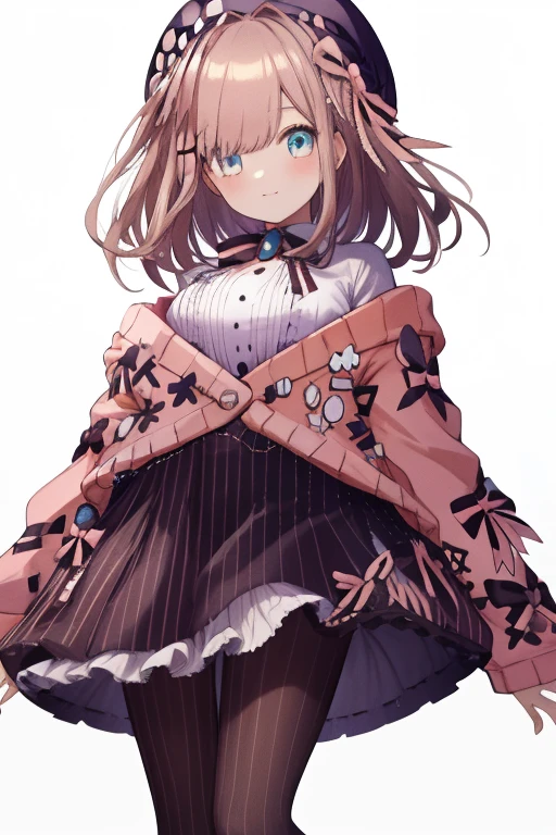 masterpiece, best_quality, 1girl, solo, lulu suzuhara, blue eyes, brown hair, hair ornament, hair over one eye, hair ribbon,
hat, beret, boots, bow, bowtie, brooch, buttons, cardigan, frills, jewelry, pantyhose, ribbon, skirt, striped, striped pantyhose, striped skirt, vertical stripes, vertical-striped pantyhose, virtual youtuber, (pink cardigan:1.5),