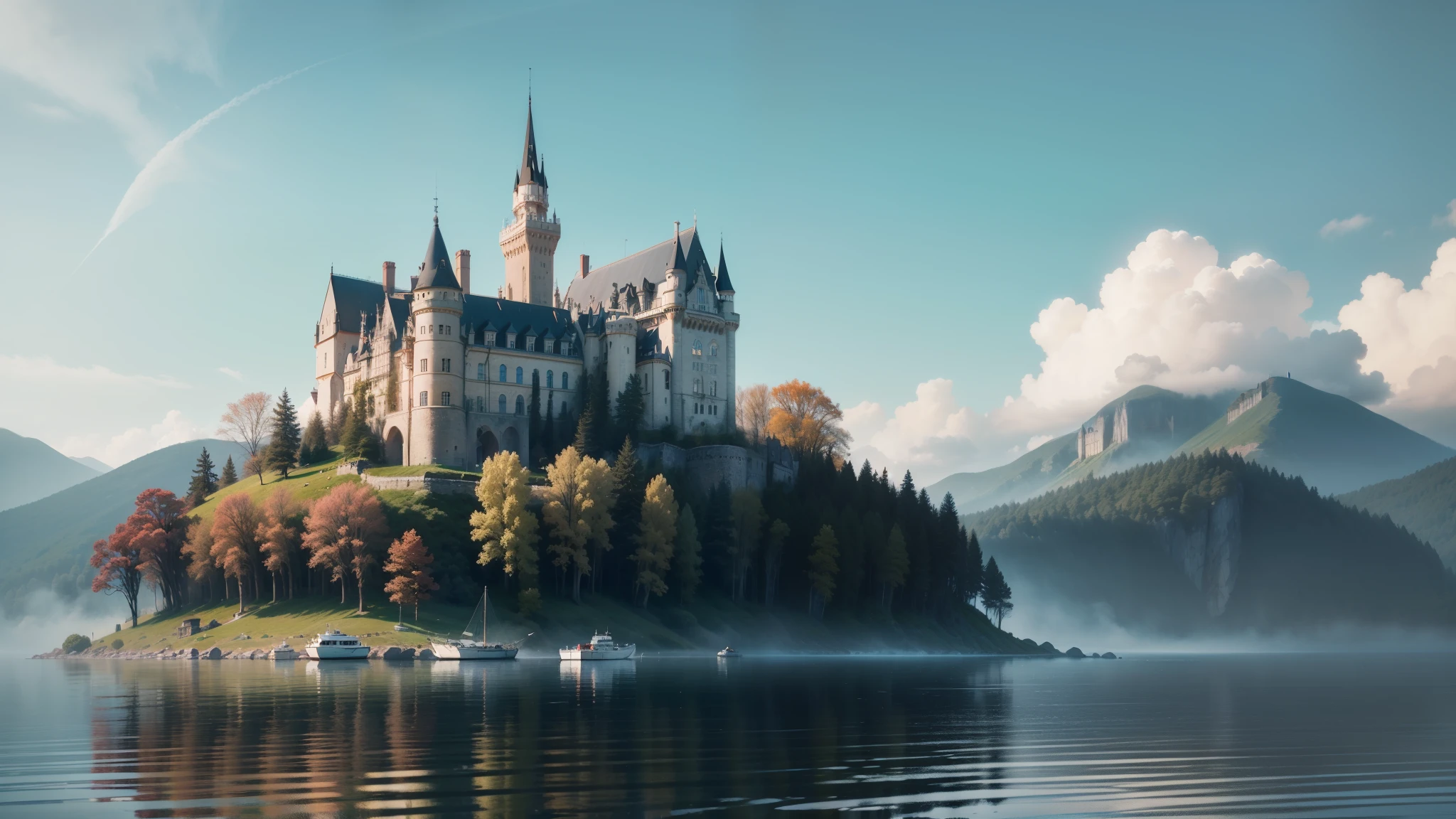 On a calm lake, there's a castle, a water fog on the lake, and there's a small boat in front of it, in detail, in detail, in detail, in 8k definition, --auto --s2