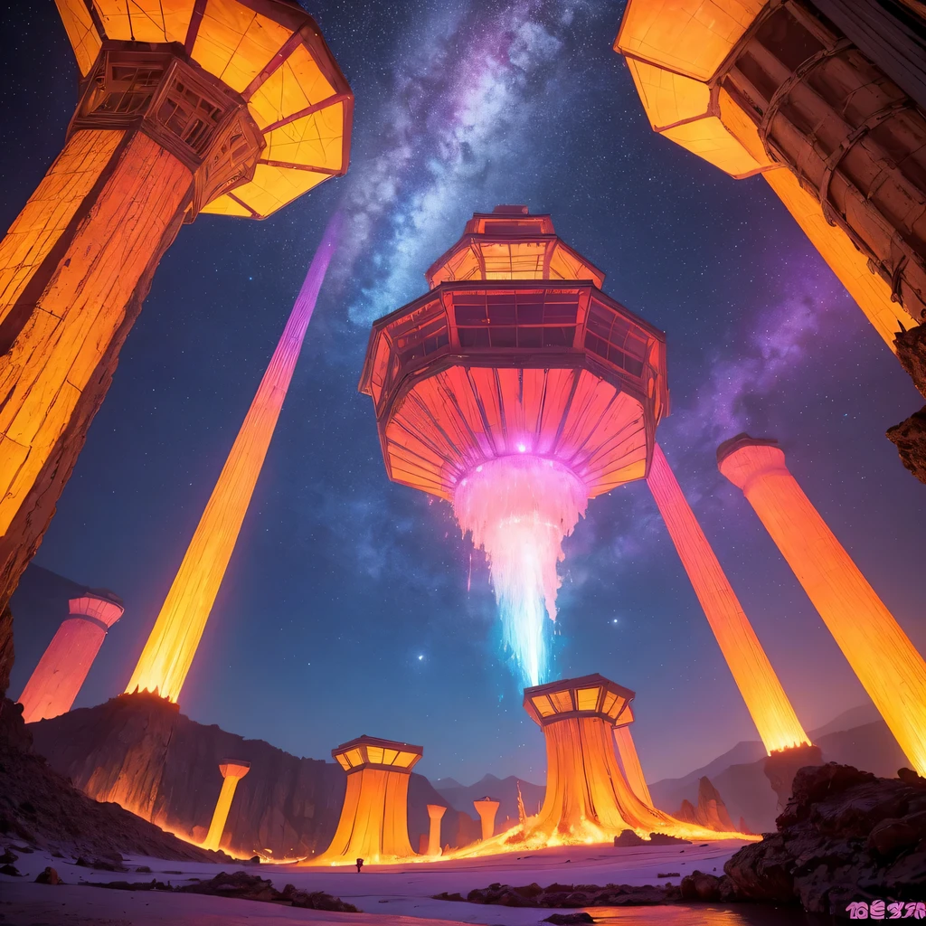 bright orange style,Purple pink series,Alien Hexagonal Base (very detailed nipples) In a hexagonal mountain oasis,There are several hexagonal exhaust fans and chimneys, some neon lights projecting from the base,Light up the dark night), There are some clouds in the night sky, Some surrounding planets provide air to unknown planets,The most remote giant hexagonal volcano erupts,the rainforest