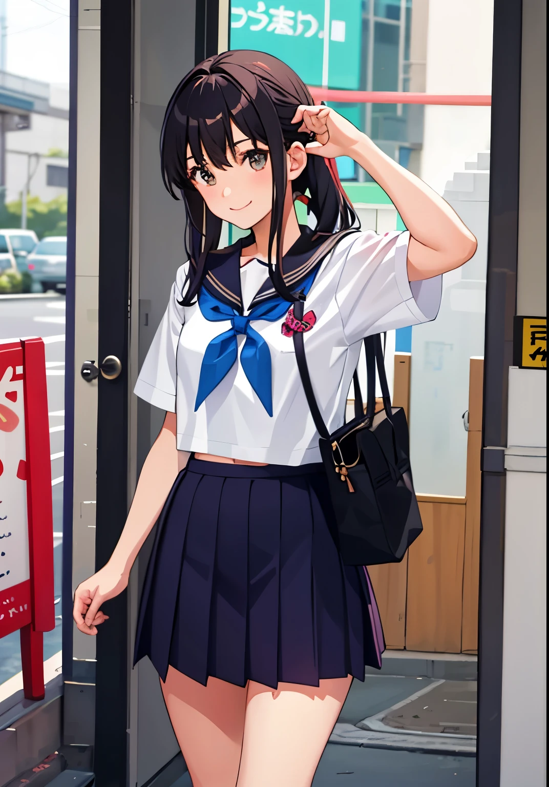 1girl in、A smile、The shirt、skirt by the、(small tits)Chilarism、Japan High School Student Uniform、serafuku、summer clothing、(Portrait from the knee up)、