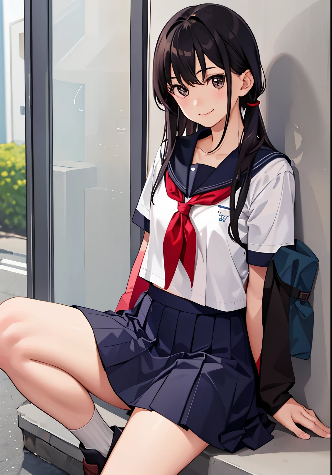 1girl in、A smile、The shirt、skirt by the、(small tits)Chilarism、Japan High School Student Uniform、serafuku、summer clothing、(Portrait from the knee up)、