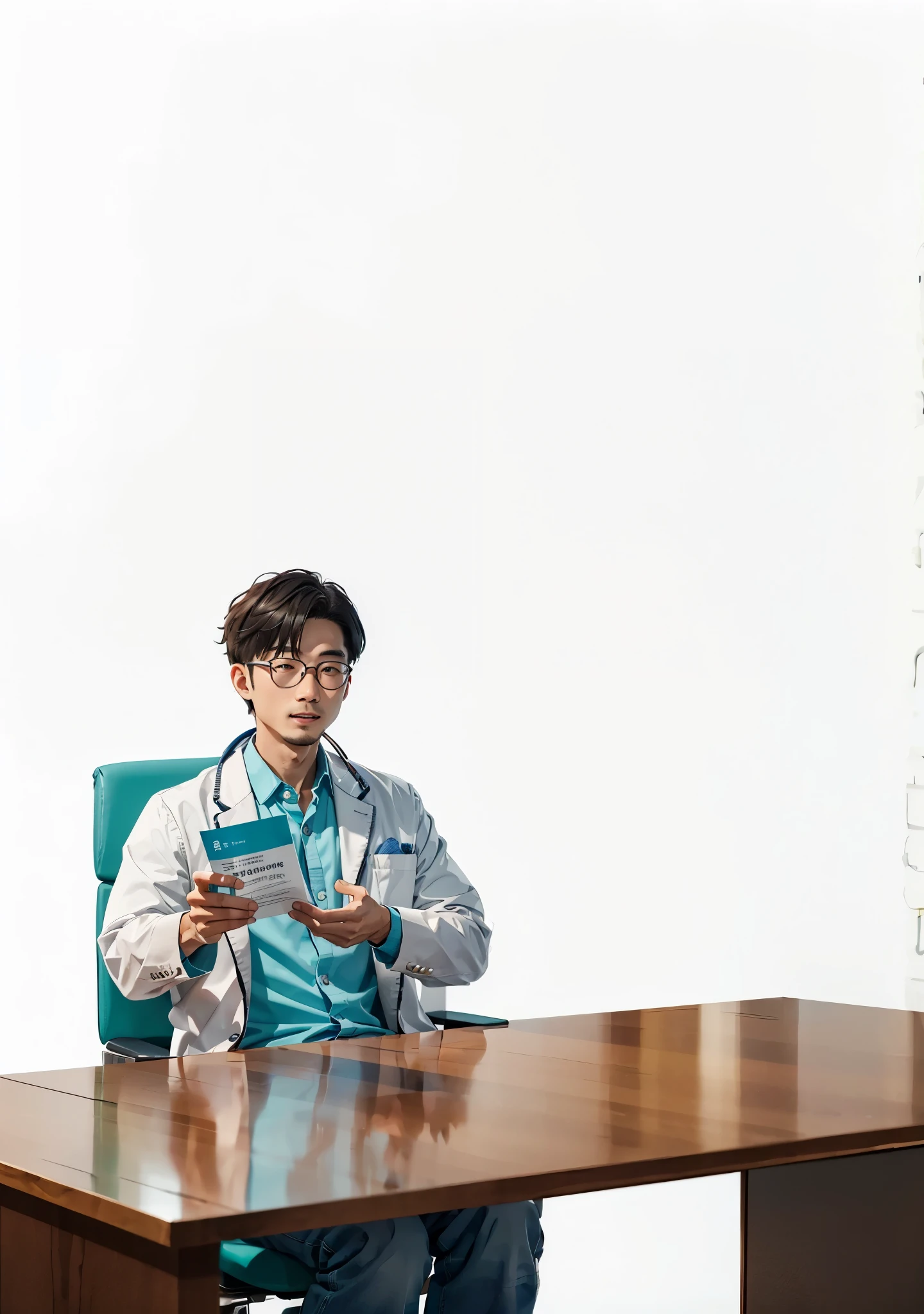 A doctor in a white coat sits,Holding in right hand,Left hand pointing at ,Doctor sitting with leaflet in hand,There is a table in front of the doctor