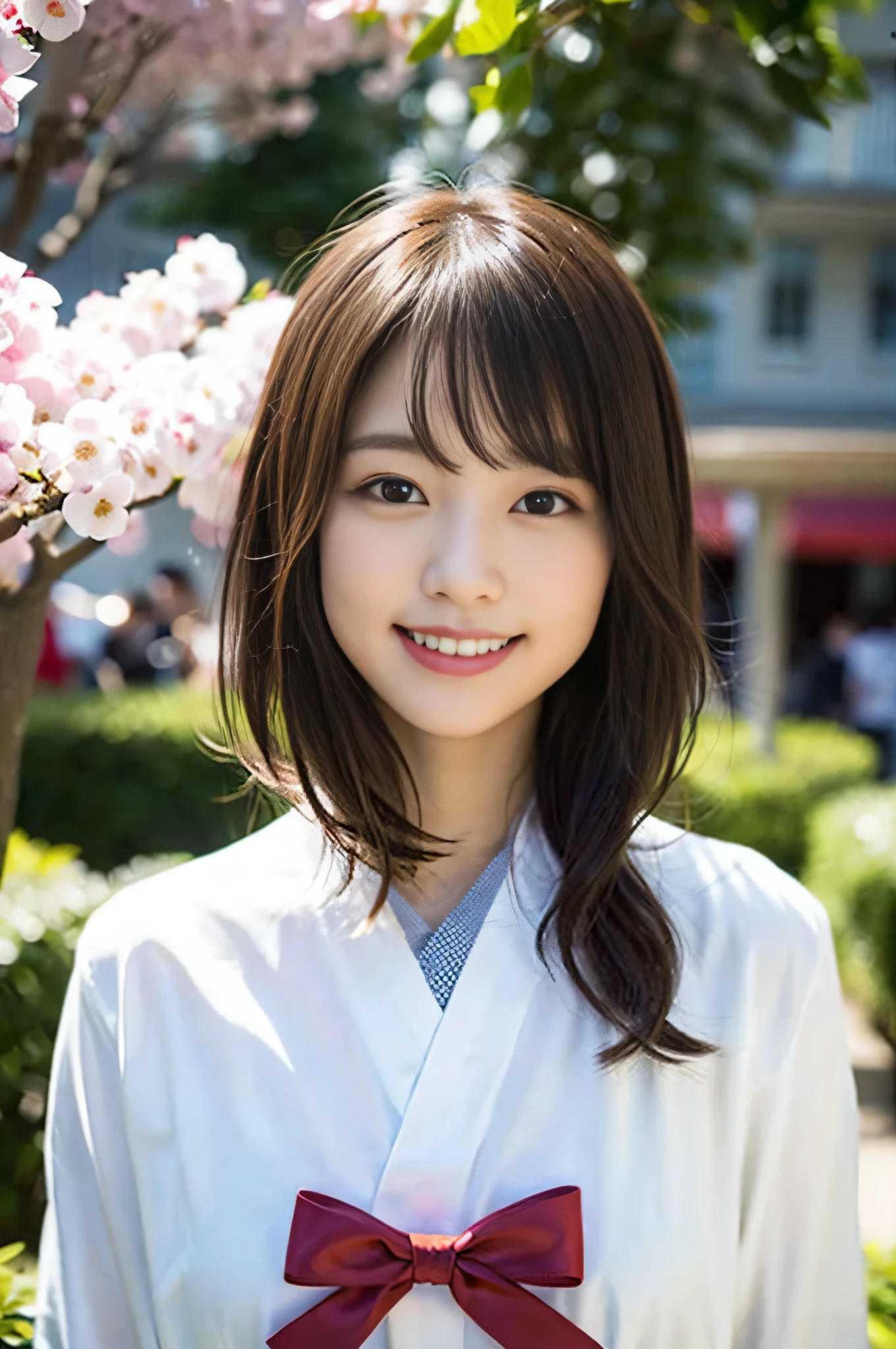 (8K、Raw photography、top-quality、​masterpiece:1.2)、(realisitic、Photorealsitic:1.37)、ultra-detailliert、超A high resolution、女の子1人、see the beholder、beautifull detailed face、A smile、Constriction、(Slim waist) :1.3)、Beautiful detailed skin、Skin Texture、Floating hair、Professional Lighting、Whole human body、Longhaire、a blond、japanese hight school uniform、hi-school girl、School route、cherry trees、red ribbon hair、Happy smile、Childish smile、Suppin