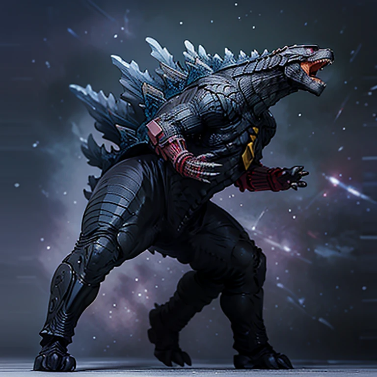 ultra-detailed, Explicit, Masterpiece, Best Quality, Highly detailed, illustration, absurdres, no humans, GodzillaXP, GZBD, GZHD,monster,godzilla, full body, violet eyes, long violet spines, open mouth, head up, roaring, growling, godzilla wear doll suit, shadaloo doll, dollsuit,  looking at viewer, red gloves,