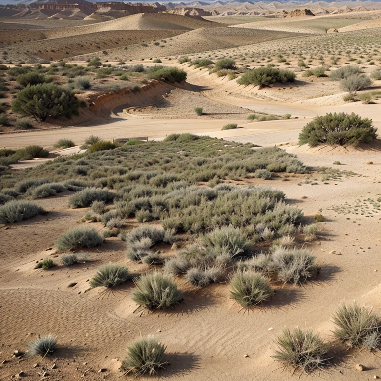 A hyper realistic picture of an arid land with dry-green grasses on it.