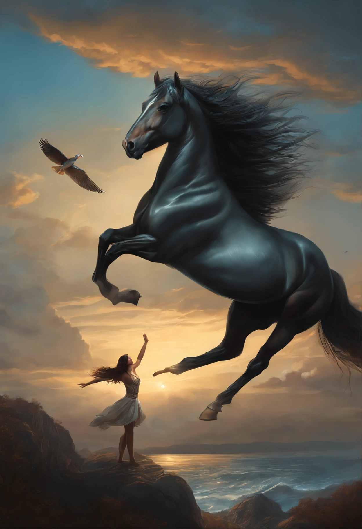 Painting of a horse (anatomically correctly drawn body) With a girl (anatomically correct drawn body) in the saddle and a bird flying above her (anatomically correct drawn body) ., rob rey, Author: Kerembeyit, Cyril Rolando & m.In Kaluta, Cyril Rolando & m. In Kaluta, Cyril Rolando and Goro Fujita, jen bartel, amazing wallpaper, beautiful illustration, inspired Author: Kerembeyit